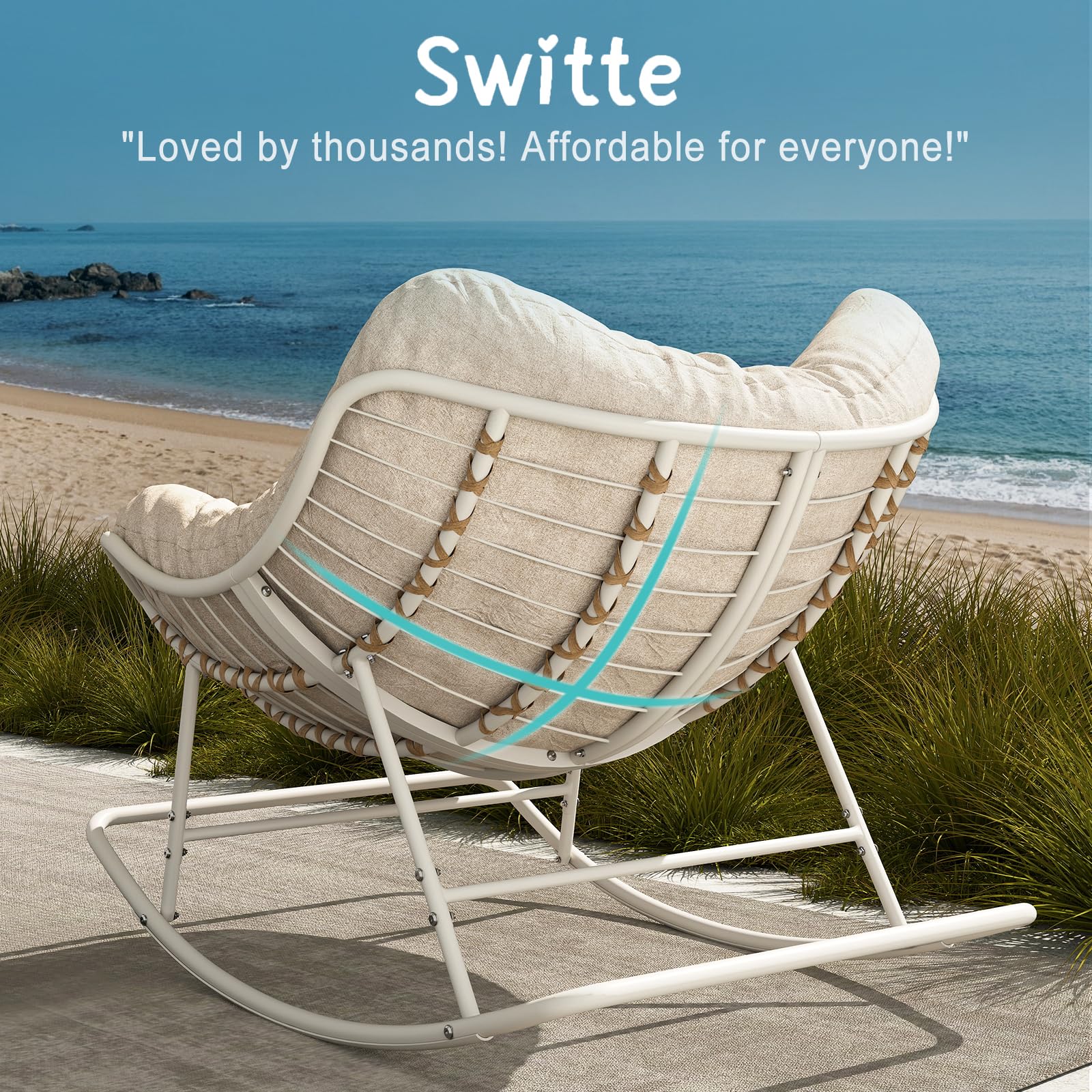 SWITTE Papasan Rocking Chair with Cushion - Oversized Egg Lounge Rocker for Indoor & Outdoor Use - Cream - Perfect for Patio, Garden, Living Room and Nursery Relaxation