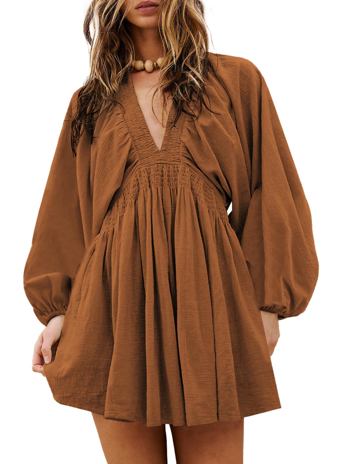 Acelitt Women's Long Sleeve V-Neck Flowy Ruffle Mini Dress - Spring Casual Loose Babydoll Dress for Beach, Vacation, Date Night & Party Outfits