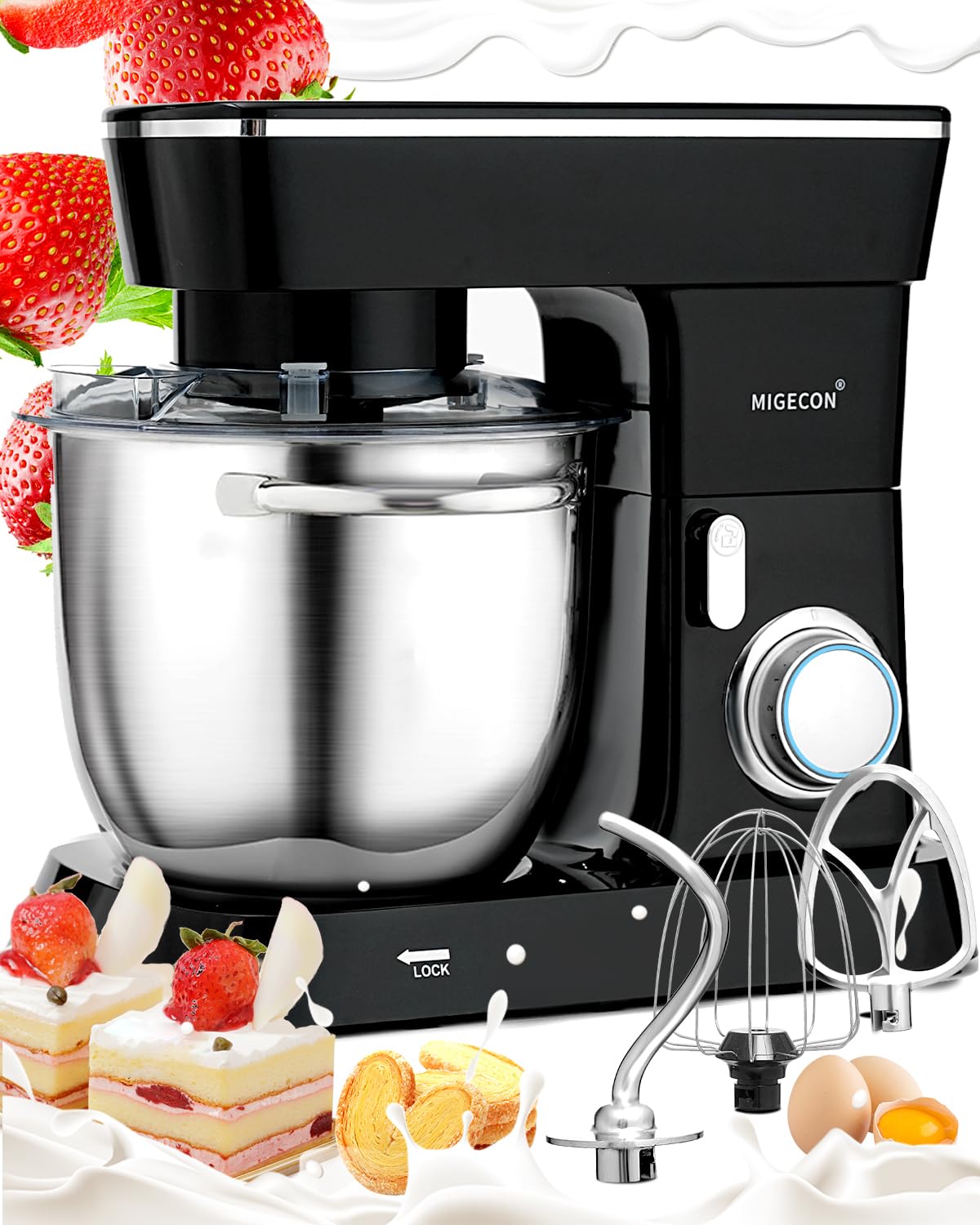MIGECON 5.26 QT Stand Mixer - Stainless Steel Bowl, 10 Speed Settings with Whisk, Dough Hook & Flat Beater Attachments - Lightweight Portable Kitchen Mixer for Baking Cakes, Cookies & Bread Dough - Perfect for Home Bakers & Small Bakeries (Black)