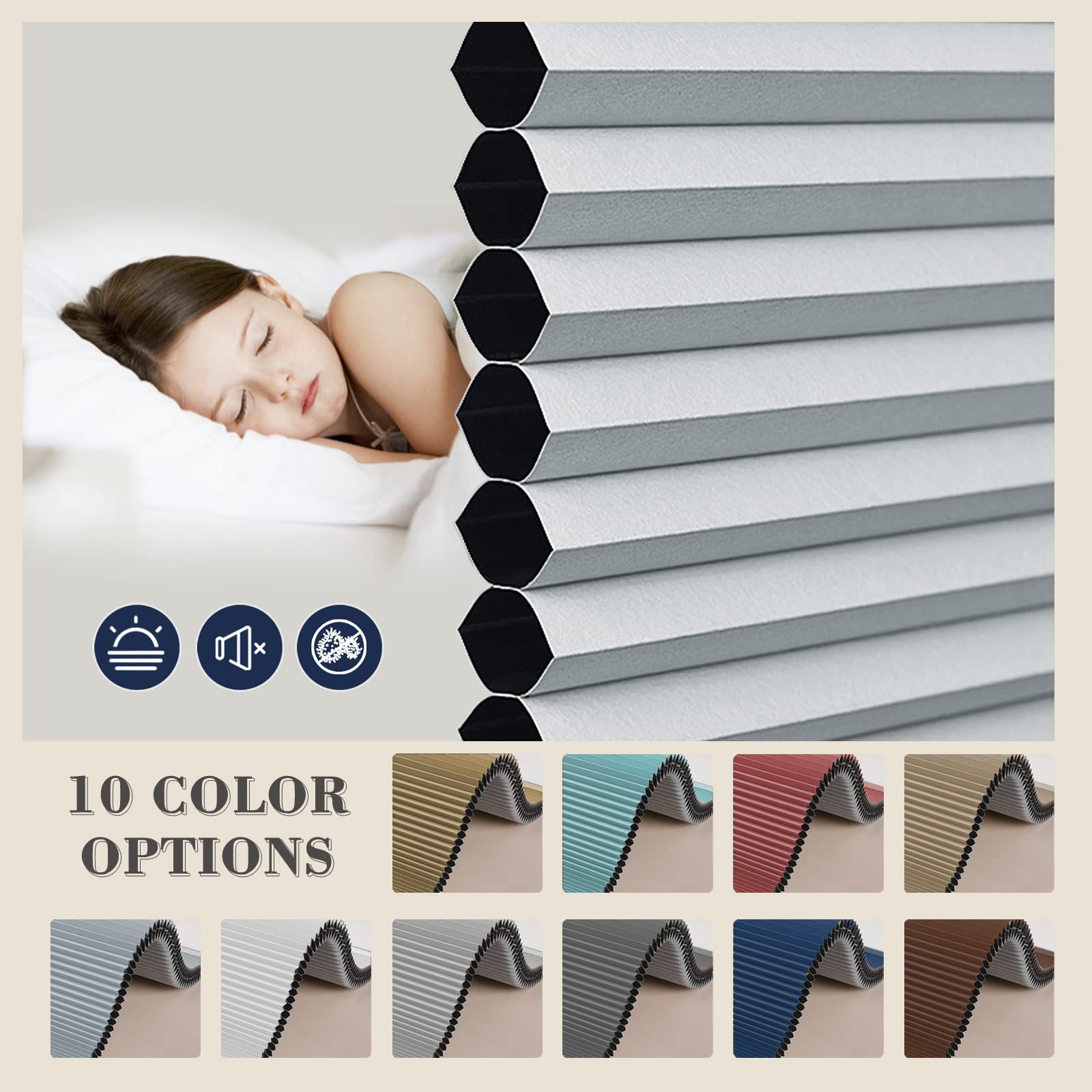 No Drill Cordless Honeycomb Window Blinds - Tile Blue Custom Cellular Shades with Tension Expansion, UV Protection & Privacy - Perfect for Home & Office Windows (Inside Mount Only) - Ideal for Bedrooms, Living Rooms & Workspaces