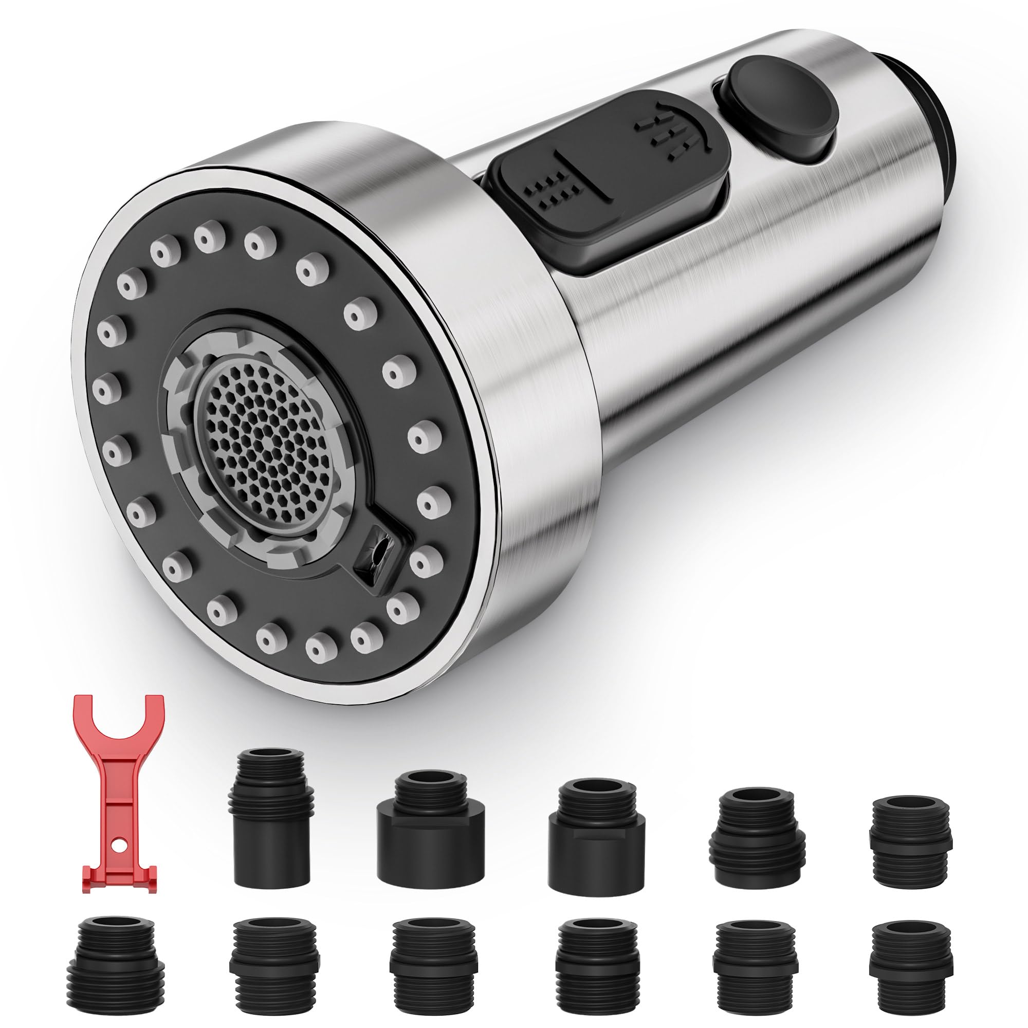 Brushed Nickel Kitchen Faucet Spray Head with 11 Adapters - 3-Mode Pull Down Faucet Replacement Nozzle for Sink - ABS Durable Sprayer for Washing Dishes, Fruits & Vegetables