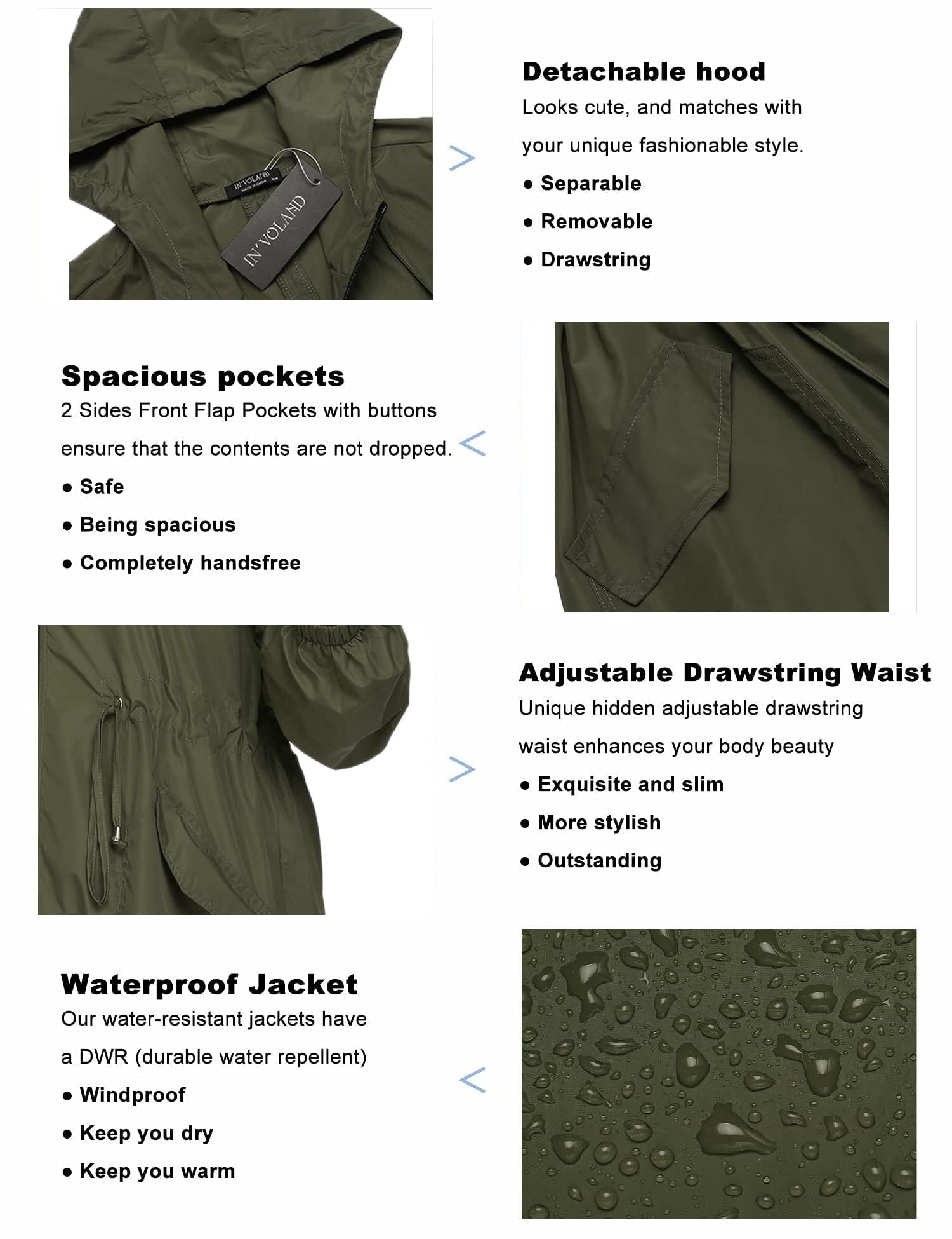 IN'VOLAND Women's Waterproof Rain Jacket Plus Size Long Hooded Windbreaker Lightweight Raincoat with Pockets - Perfect for Outdoor Hiking, Commuting & Travel