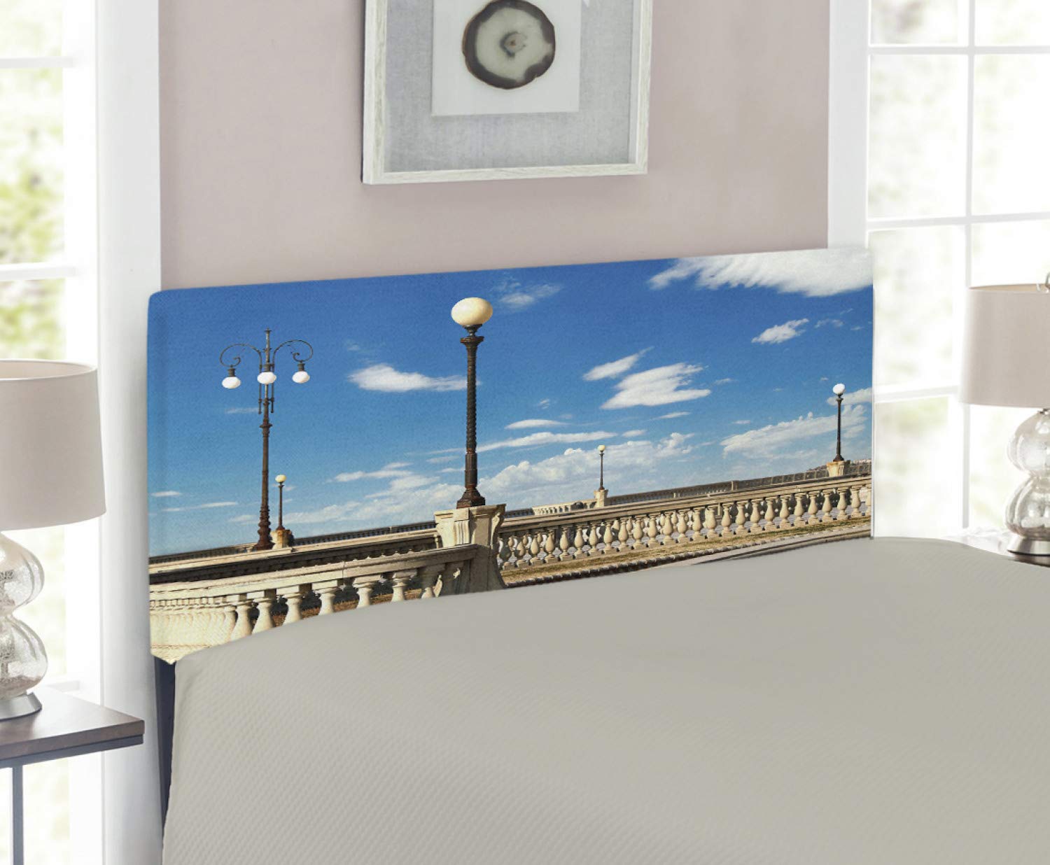 Ambesonne Italian Upholstered Headboard with Memory Foam - Mascagni Terrace Street Livorno Tuscany Art Print - Twin Size Sky Blue White & Black - Perfect for Bedroom Decor & Guest Room Makeover