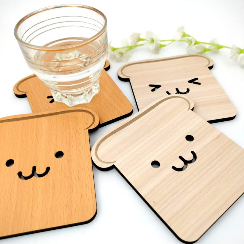 4-Piece Wooden Tea Coaster Set - Toast Bread Design - Premium MDF Wood Coasters for Hot & Cold Drinks - Perfect for Dining Table, Office Desk, Coffee Table & Home Decor - Cute Kitchen Accessories Gift Idea