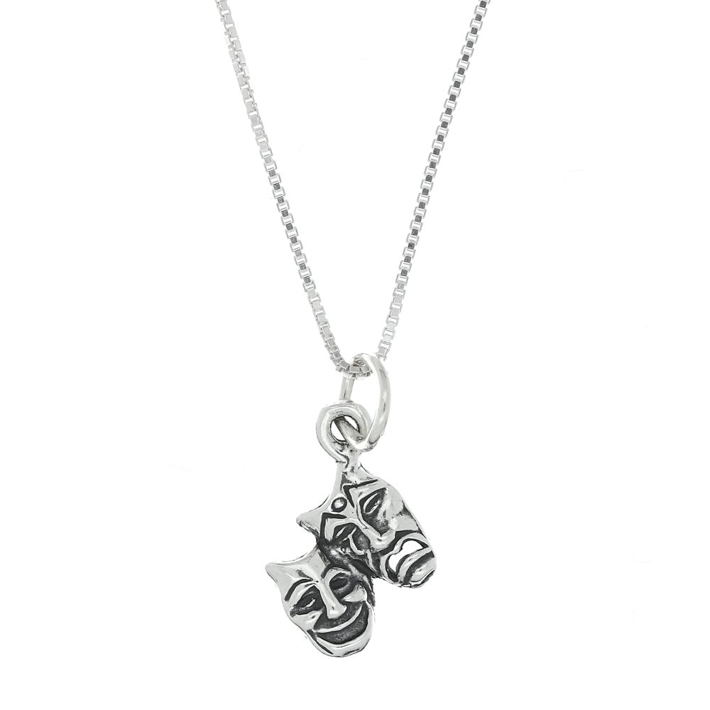 Sterling Silver Oxidized Drama Comedy Tragedy Mask Pendant Necklace - Perfect for Theater Lovers, Costume Parties & Unique Gifts
