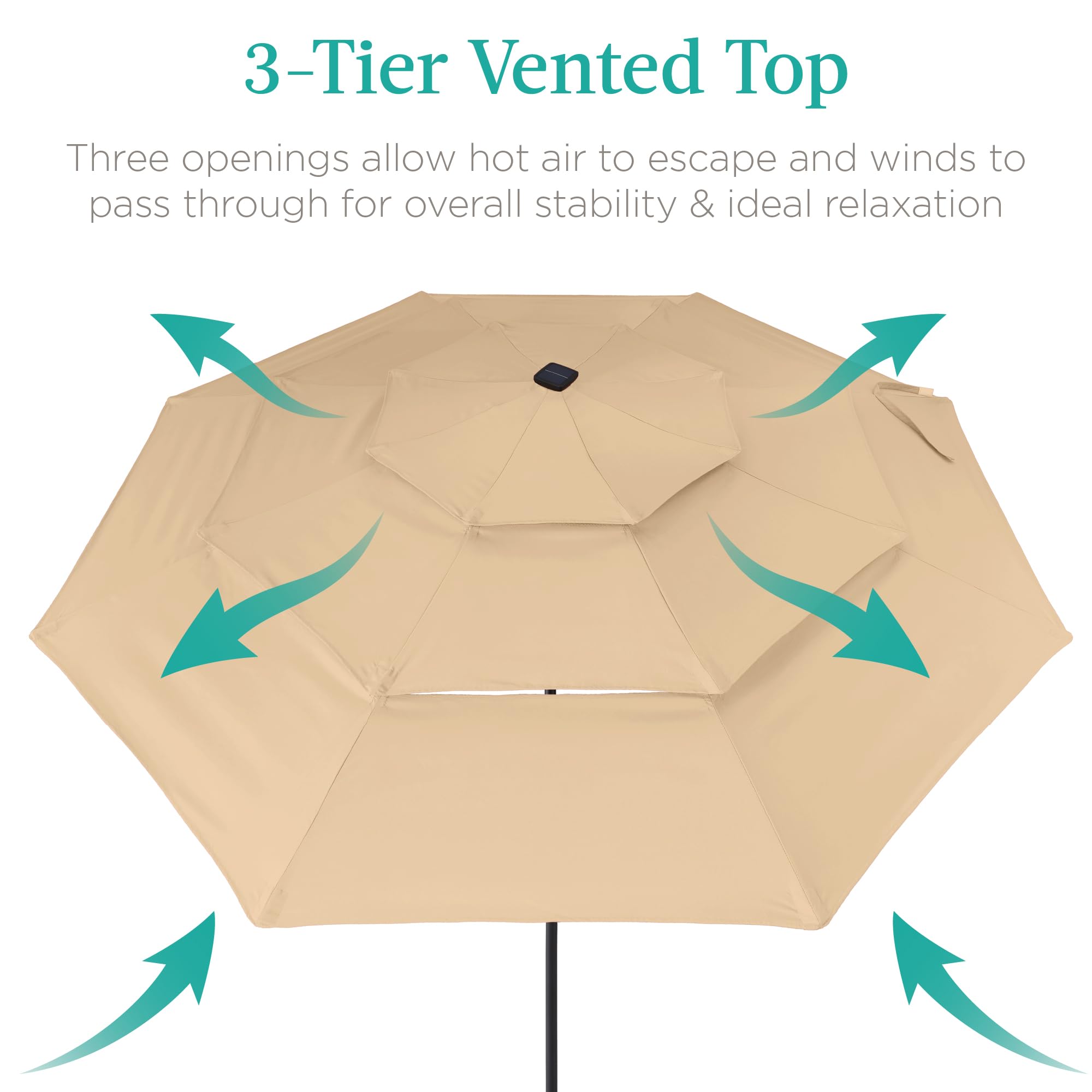Best Choice Products 10ft 3-Tier Solar Patio Umbrella with 24 LED Lights - Adjustable Tilt & Easy Crank, 8-Rib Sun Shade for Backyard, Deck, Poolside - Perfect for Outdoor Dining, Lounging, and Summer Gatherings (Sand Color)