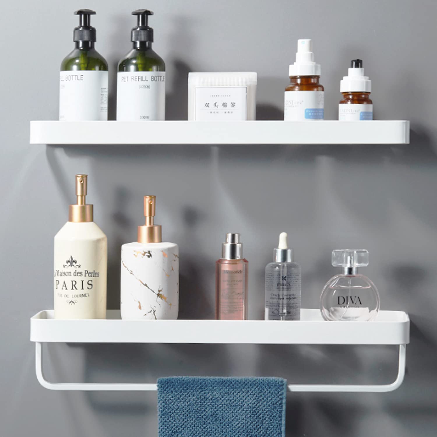 15.7in White Tempered Glass Bathroom Shelves with Towel Bar - 2 Tier Wall Mounted Storage Organizer for Towels, Toiletries & Bath Essentials - Perfect for Small Bathrooms, Showers & Vanity Areas