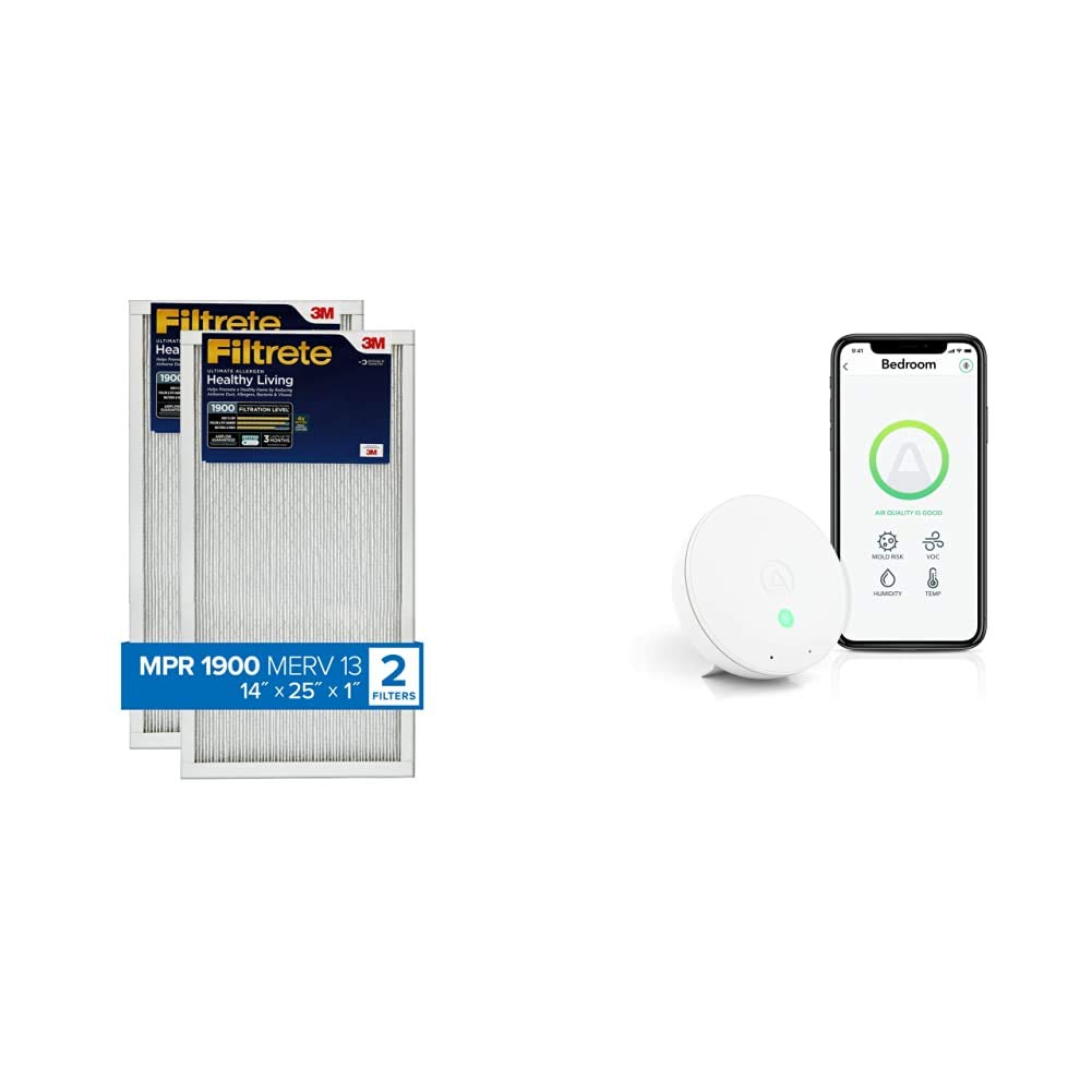 Filtrete 14x25x1 MPR 1900 AC Furnace Air Filter & Airthings Wave Mini Air Quality Monitor Bundle - Improve Indoor Air Quality for Homes & Offices