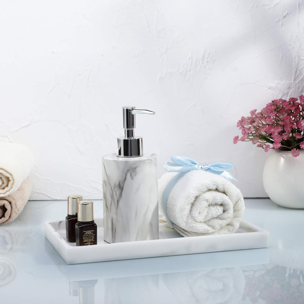 Marble White Resin Bathroom Tray Organizer - Vanity Countertop Jewelry Storage & Home Decor for Candle, Perfume, Plants, Shampoo, Towels - Perfect for Bathroom, Bedroom Dresser and Kitchen Counter Organization