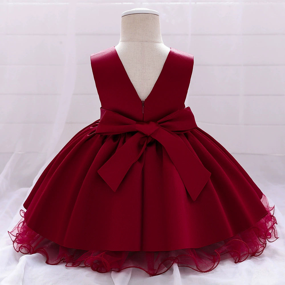 Burgundy Princess Round Neck Tea Length Satin Flower Girl Dress for Weddings & Special Occasions