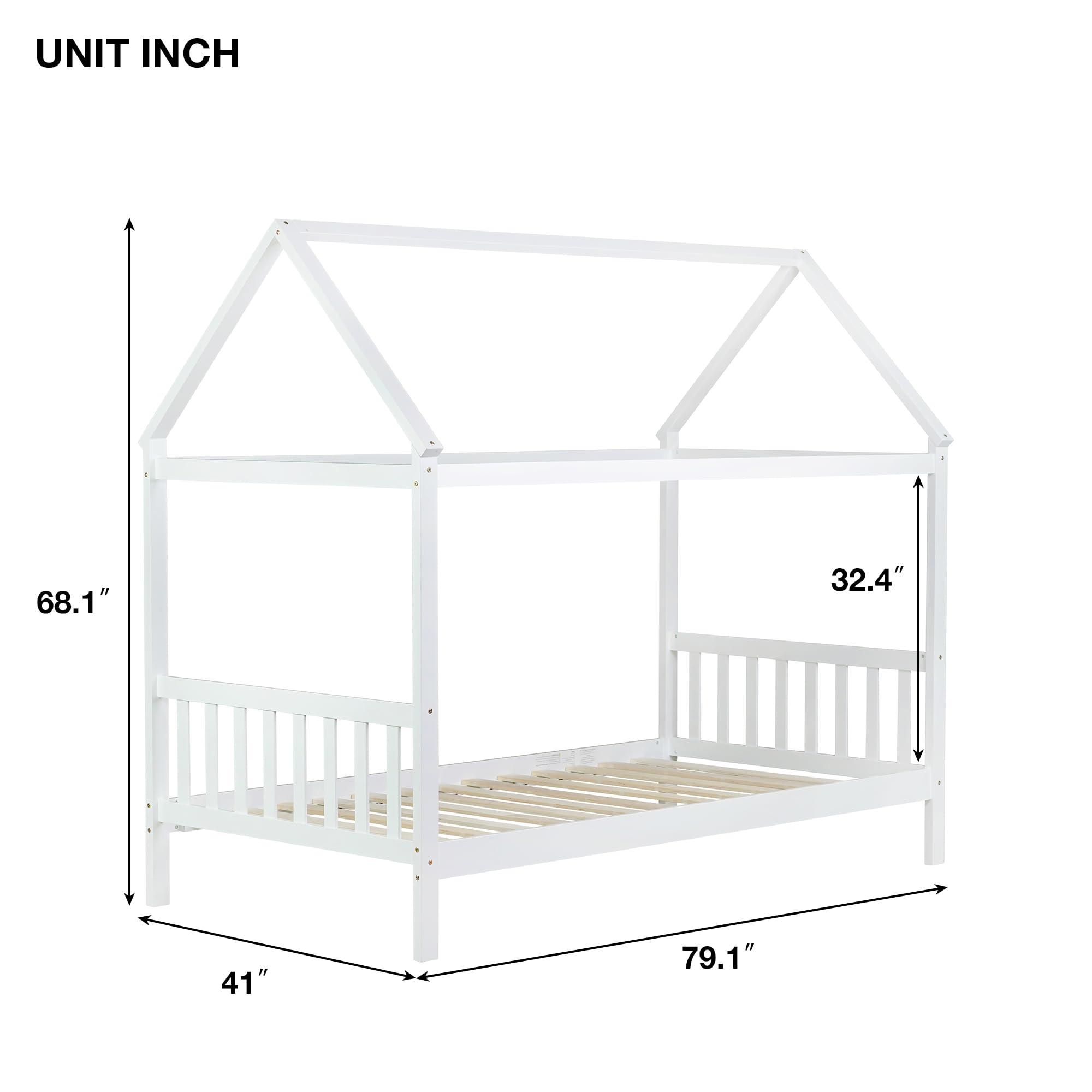 Montessori Twin Size House Bed for Kids - Solid Rubber Wood Platform Bed with Headboard, Footboard & Roof - Low Profile Bed Frame for Girls, Boys & Teens - Ideal for Bedrooms, Playrooms & Montessori Learning Spaces - White