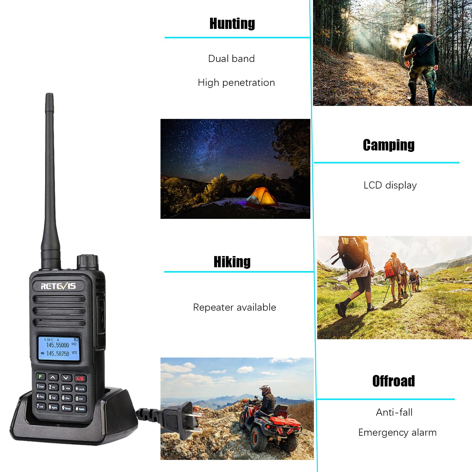 Retevis RT85 Long Range Walkie Talkies for Adults - Dual Band Two Way Radio with Charging Base, 1400mAh Battery, Flashlight & DTMF Remote Stun - Ideal for Hiking, Camping, Hunting & Outdoor Adventures (2 Pack)