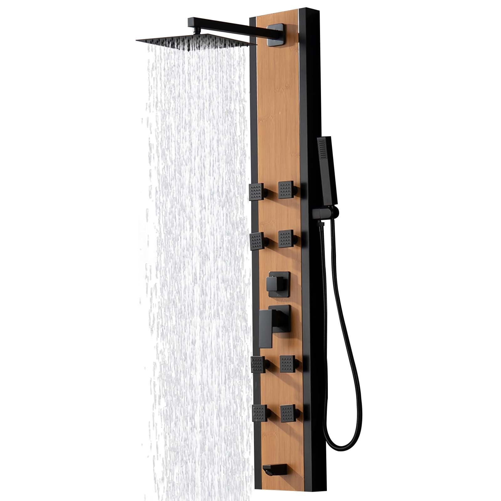 Premium Bamboo & Stainless Steel Shower Tower System with 8 Massage Jets, Adjustable Rainfall Shower Head, Handheld Wand & Tub Spout - Luxury Spa Experience for Master Bathroom Renovation