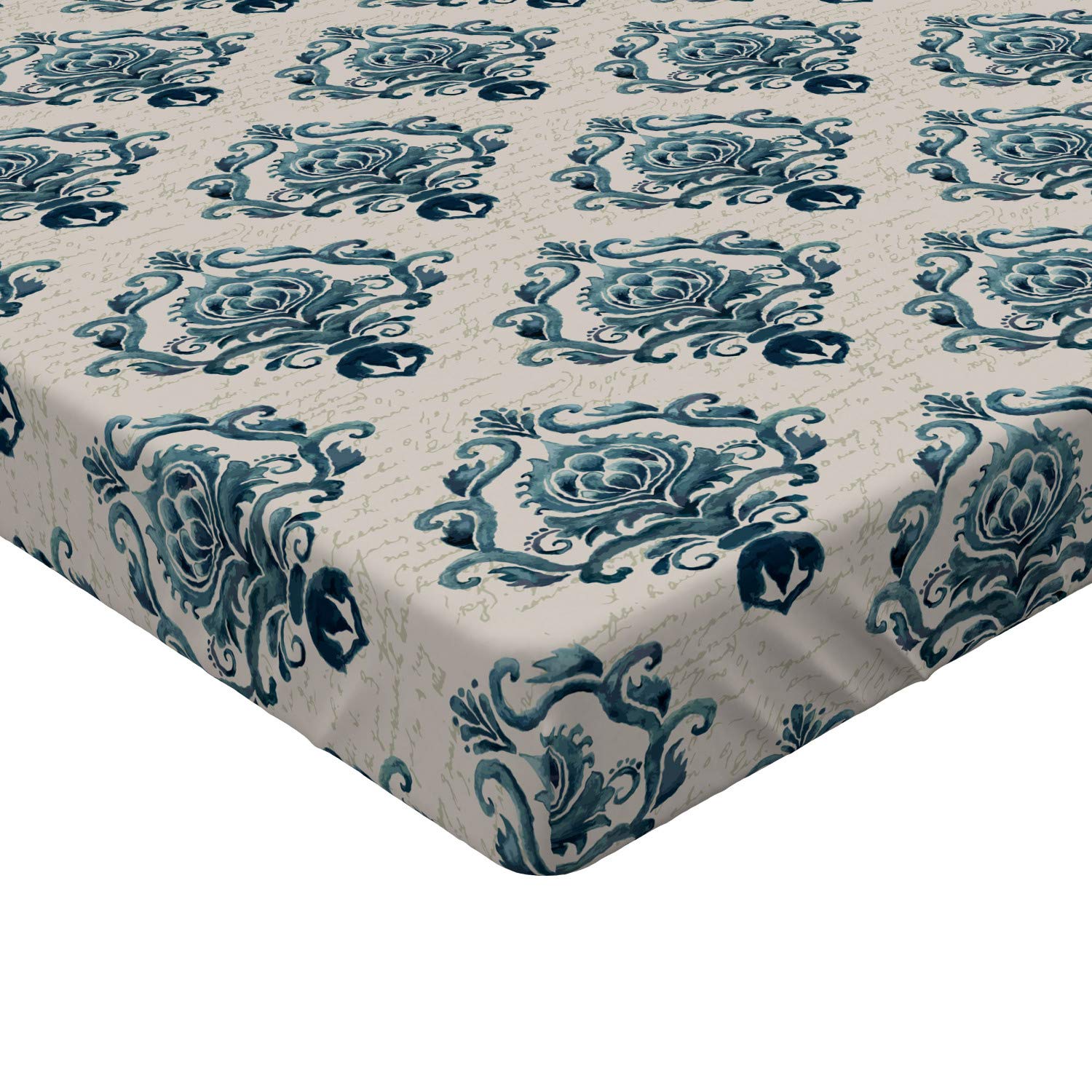 Ambesonne Damask Fitted Sheet - Baroque Floral & Handwriting Design, Deep Pocket Elastic Twin Size Bed Sheet in Tan Petrol Blue | Luxury Comfort for Guest Rooms, Dorms & Airbnb Stays