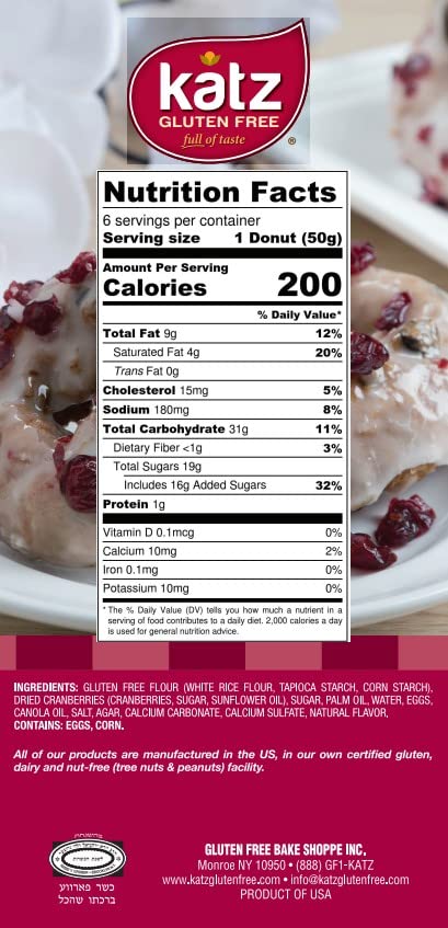 Katz Gluten Free Cranberry Donuts - Dairy Free, Nut Free, Soy Free, Vegan & Kosher Certified (3 Packs of 6 Donuts, 10.5oz Each) - Perfect for Breakfast, Snacks & Special Diets