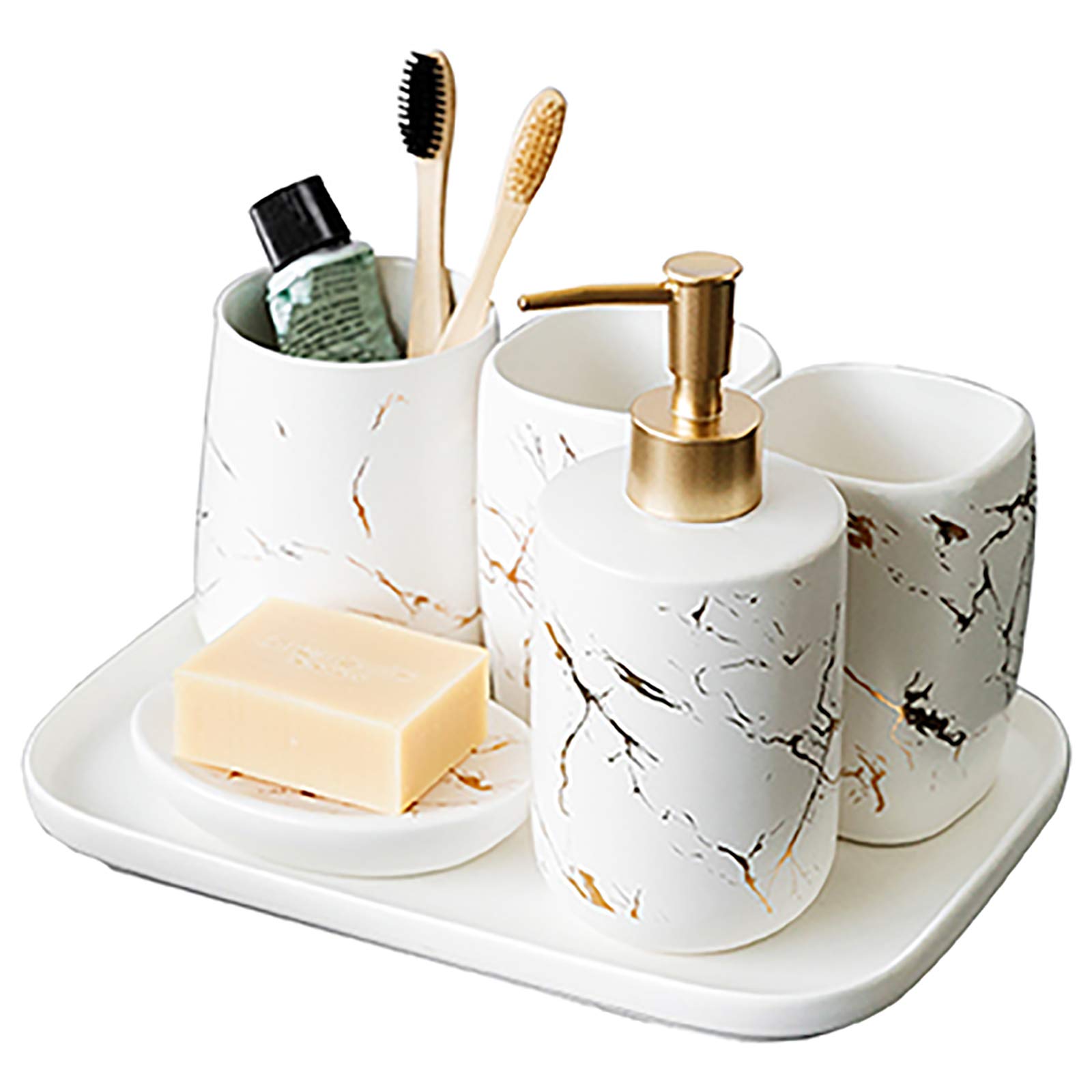 Premium 6-Piece Marble Ceramic Bathroom Accessory Set - Soap Dispenser, Toothbrush Holder, Tumbler, Soap Dish & Tray | Elegant Countertop Organizer for Modern Bathrooms, Spa-Like Luxury Home Decor