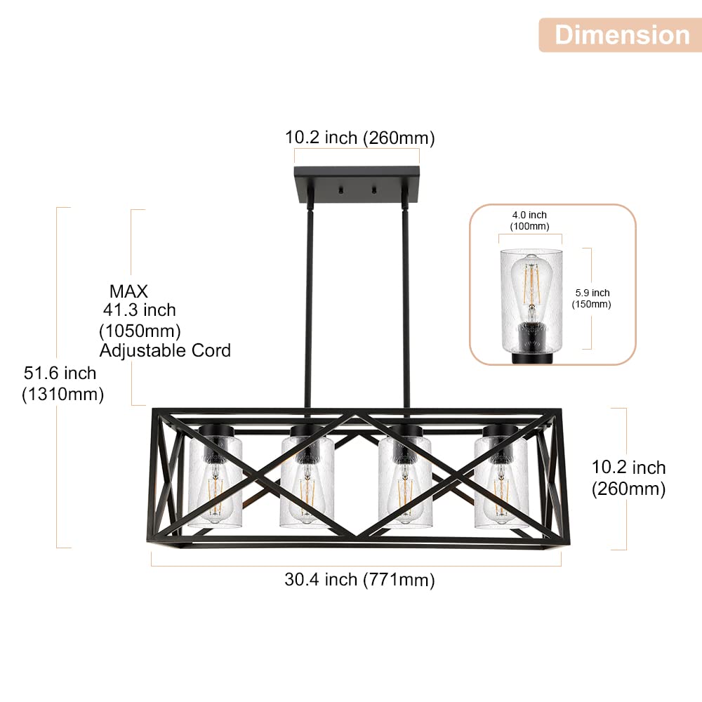 4-Lights Black Farmhouse Rectangle Chandelier - 30.4