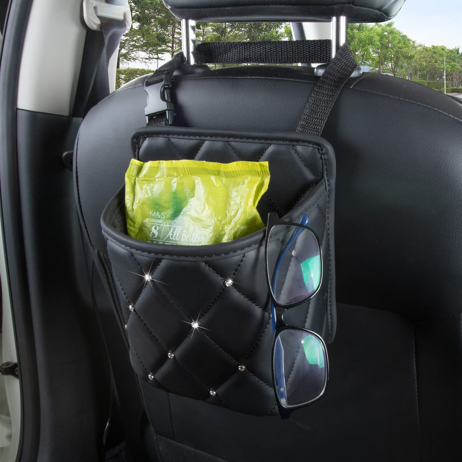 Bling Crystal Car Seat Organizer - Premium Front & Back Seat Storage Caddy with Glitter Accents (1-Pack, Black) | Perfect for Road Trips, Family Travel & Daily Commute Organization