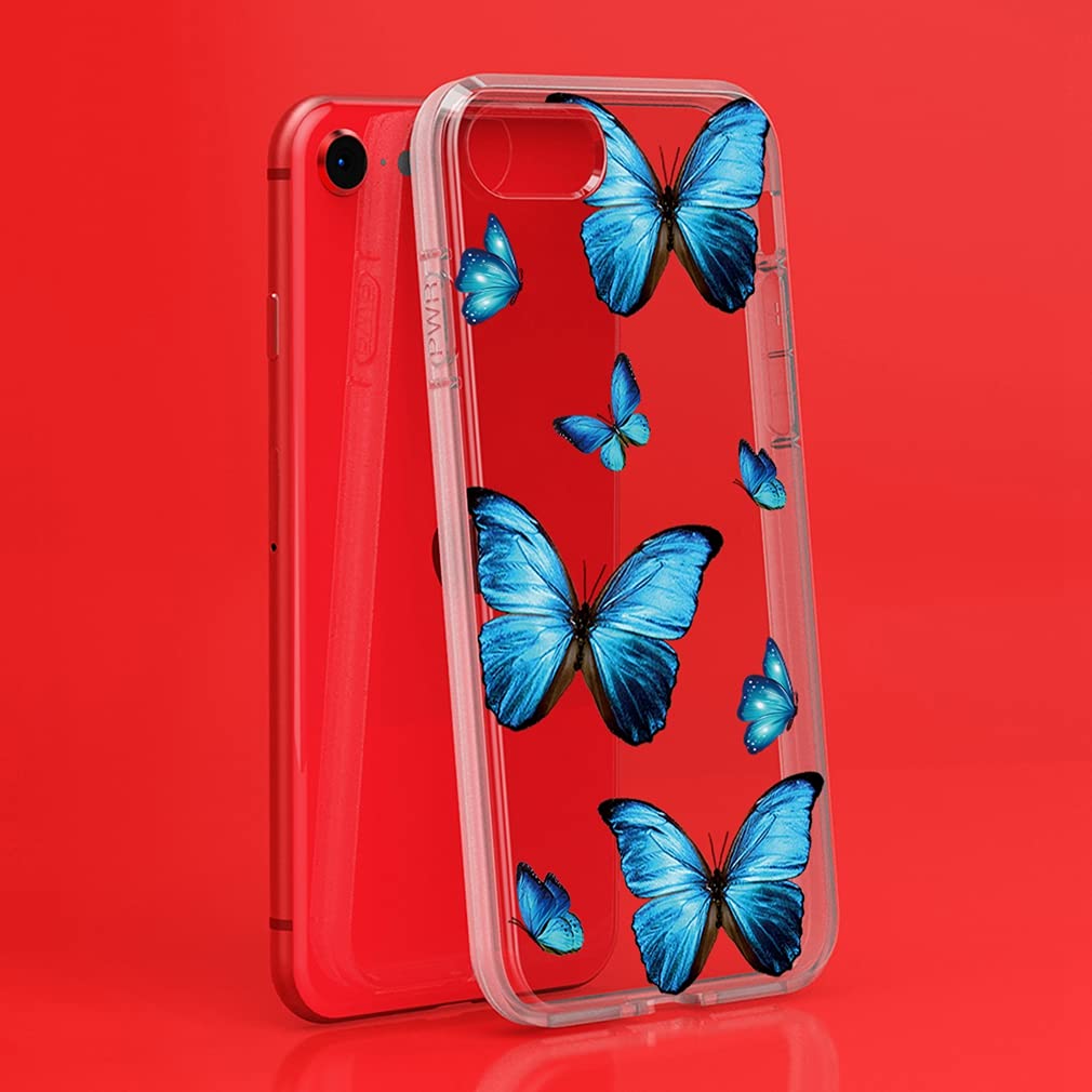 iPhone 6/6S Case - Clear Flexible TPU Bumper with Blue Butterfly Design | Soft Silicone Rubber Protective Cover | Perfect for Everyday Use, Work & Travel