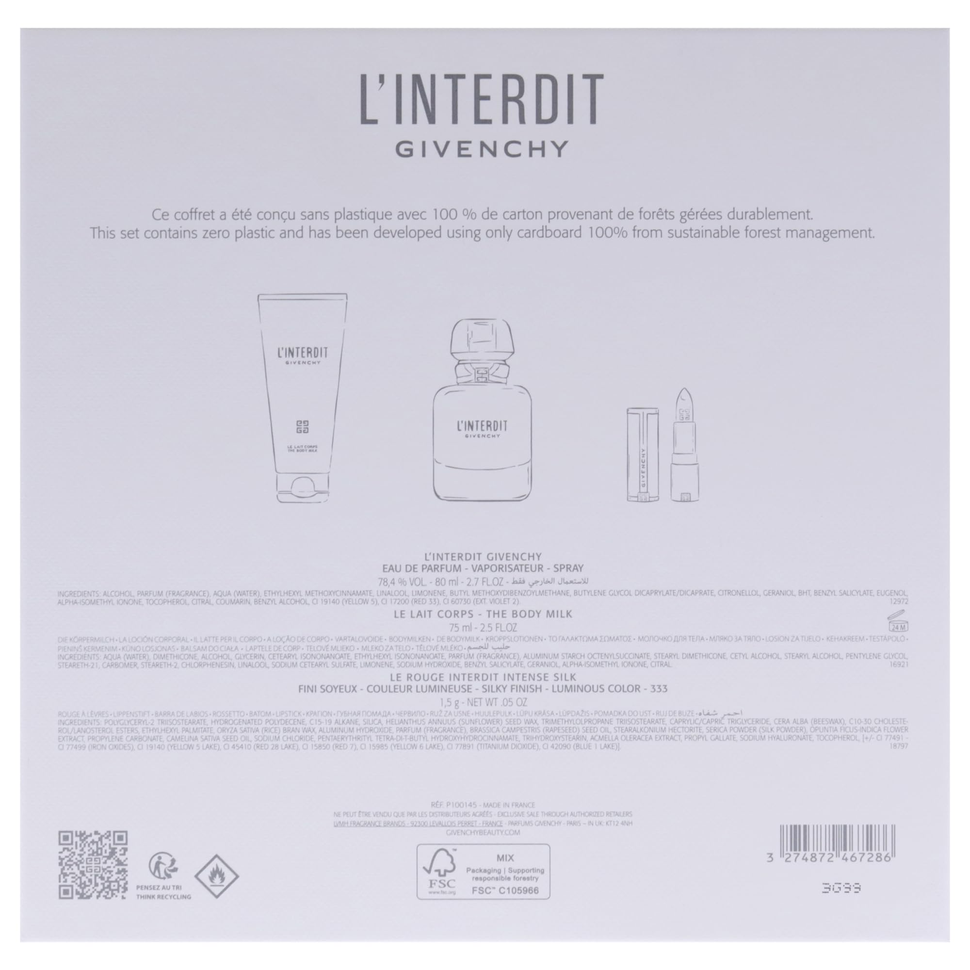 Givenchy L'Interdit Eau de Parfum Gift Set for Women - 2.7oz Perfume Spray, 2.5oz Body Lotion & 0.05oz Lipstick | Luxury Fragrance Trio for Date Night, Anniversary & Special Occasions