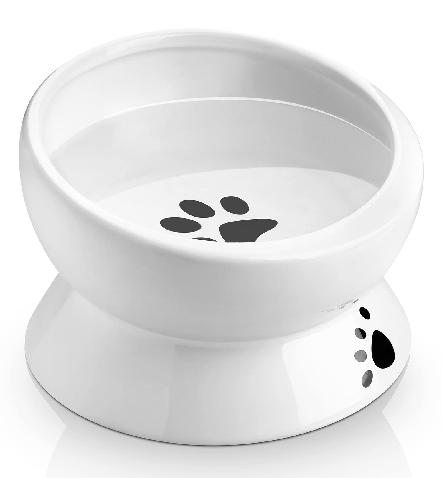 Nucookery Elevated Ceramic Cat Water Bowl - Raised Tilted Pet Feeder for Less Vomiting, No Spill Food Bowl for Small Dogs & Flat-Faced Cats - Perfect for Kittens & Senior Pets (White) - Ideal for Home, Office & Travel Use