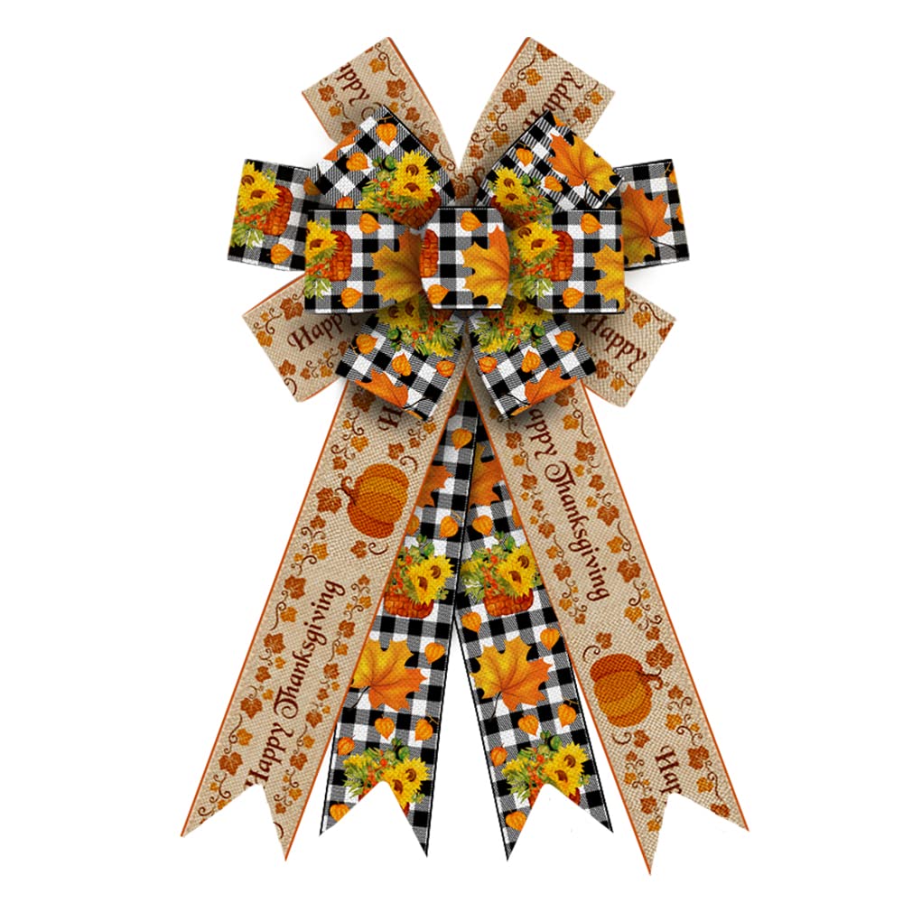Large Fall Wreath Bows - Thanksgiving Decorations with Pumpkin Words & Buffalo Plaid Burlap Bows for Wreaths, Tree Toppers - Indoor Outdoor Home Decor for Autumn, Thanksgiving, and Holiday Season - Perfect for Front Door, Mantel, and Seasonal Wreath Ornament Supplies
