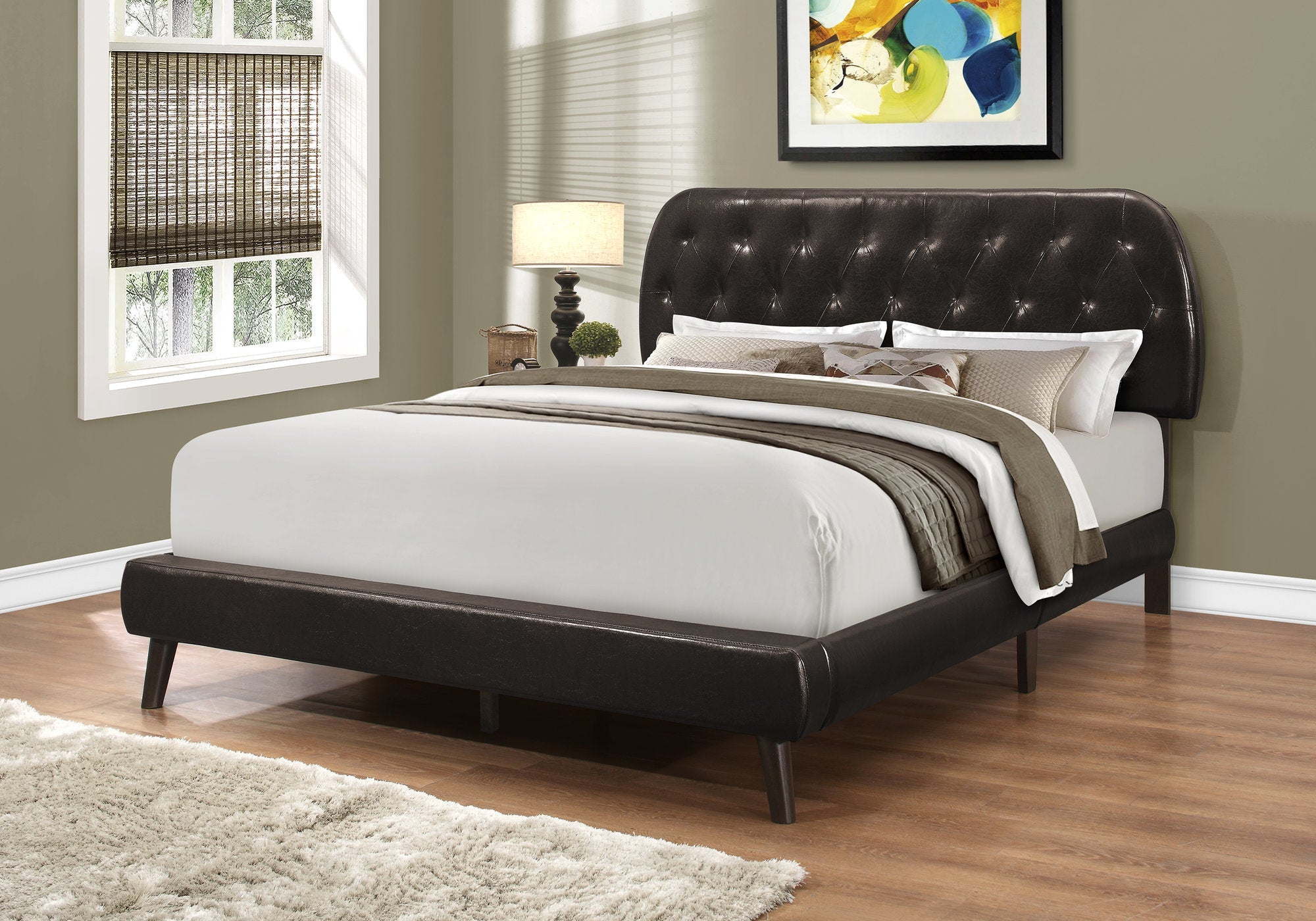 Queen Size Bed Frame - Brown Faux Leather Upholstered with Sturdy Wood Legs | Modern Bedroom Furniture for Home & Apartment