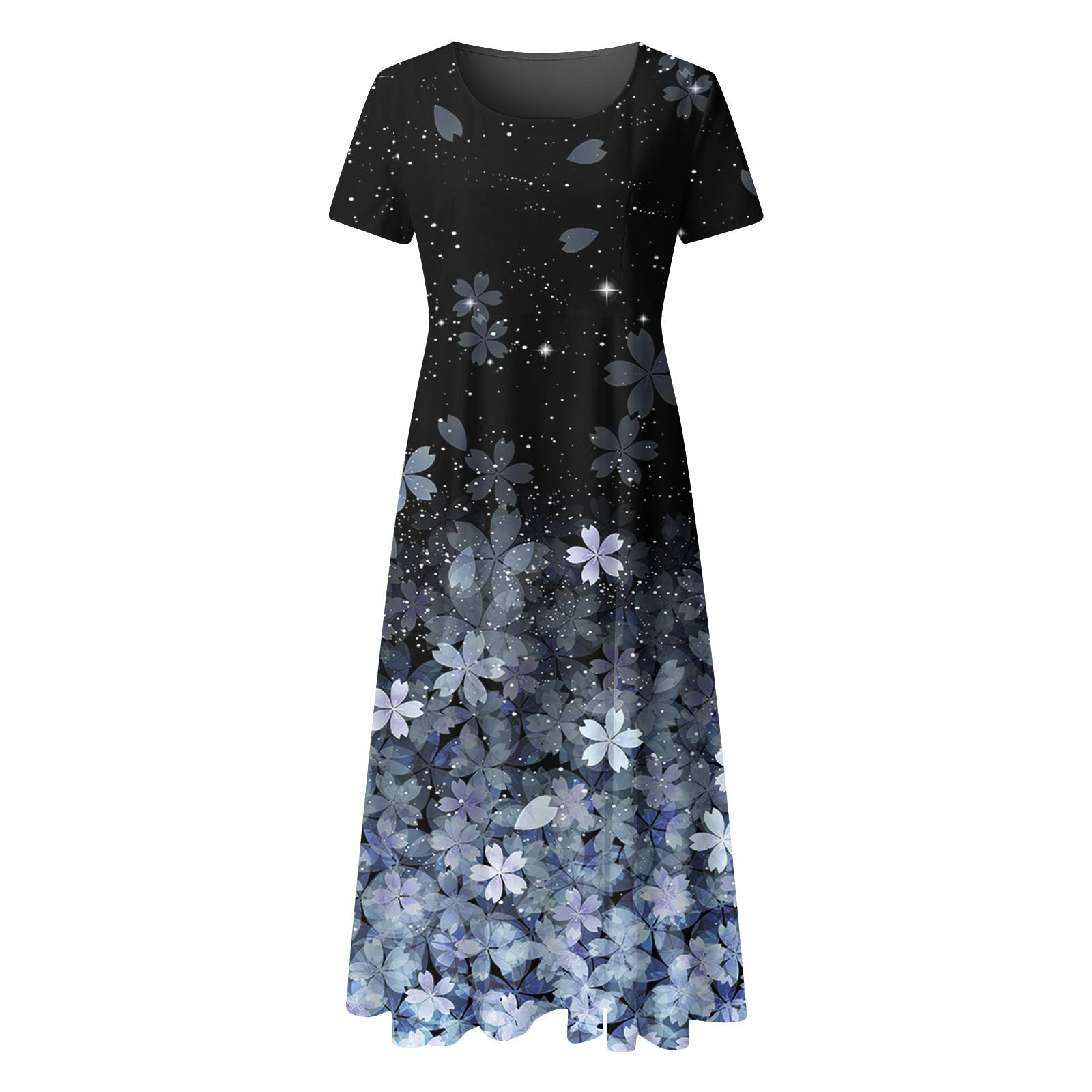 UYTOGOFE Women's Summer Casual Short Sleeve Floral Print Boho Beach Dress - Loose Fit Crew Neck Long Dress for Vacation, Travel, and Outdoor Activities