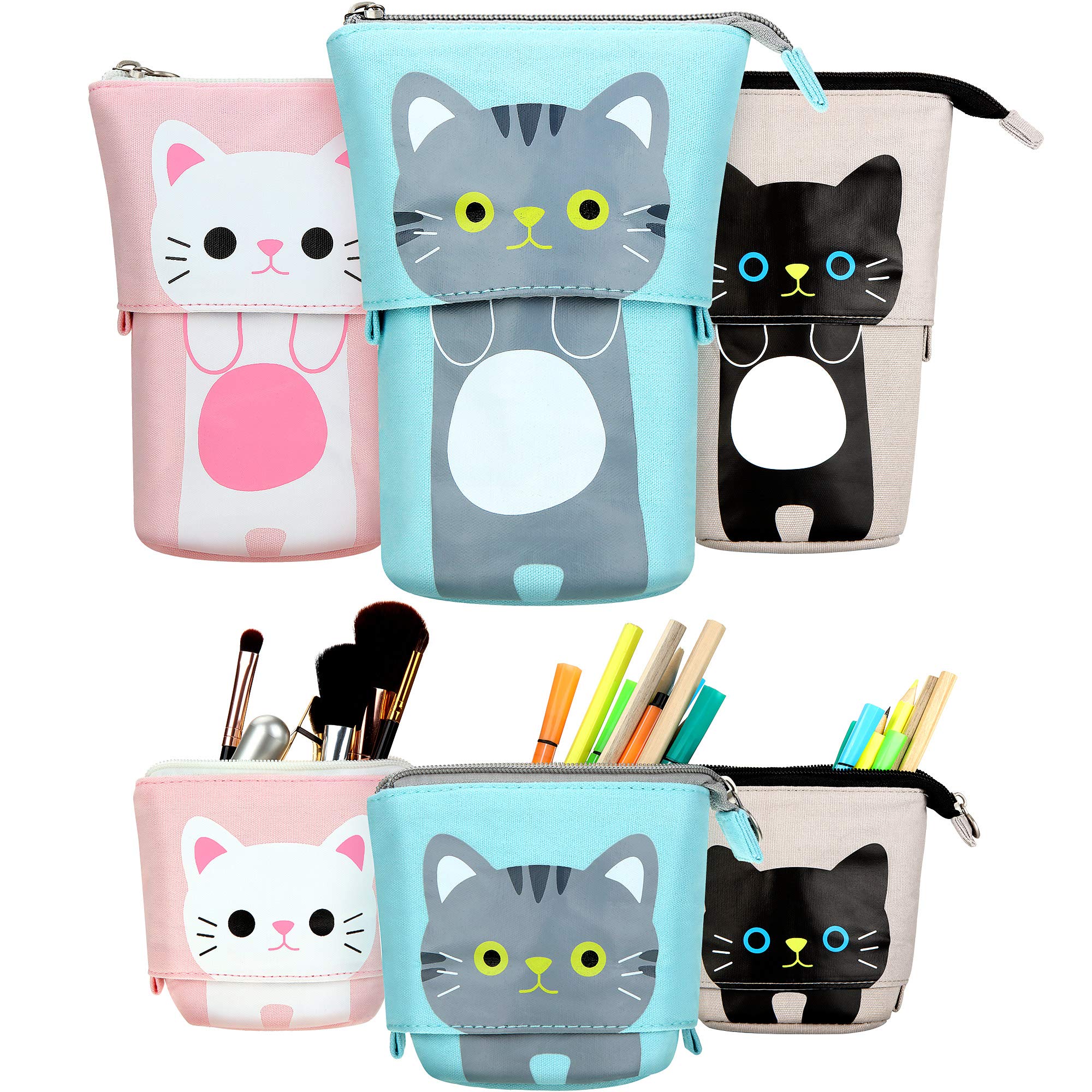 Outus 3-Piece Expandable Pencil Holder Set - Cute Cartoon Animal Design PU Canvas Stationery Organizer for Pens, Makeup & Cosmetics (Gray Cat, Black Cat, White Cat) - Perfect for School, Office & Travel Organization