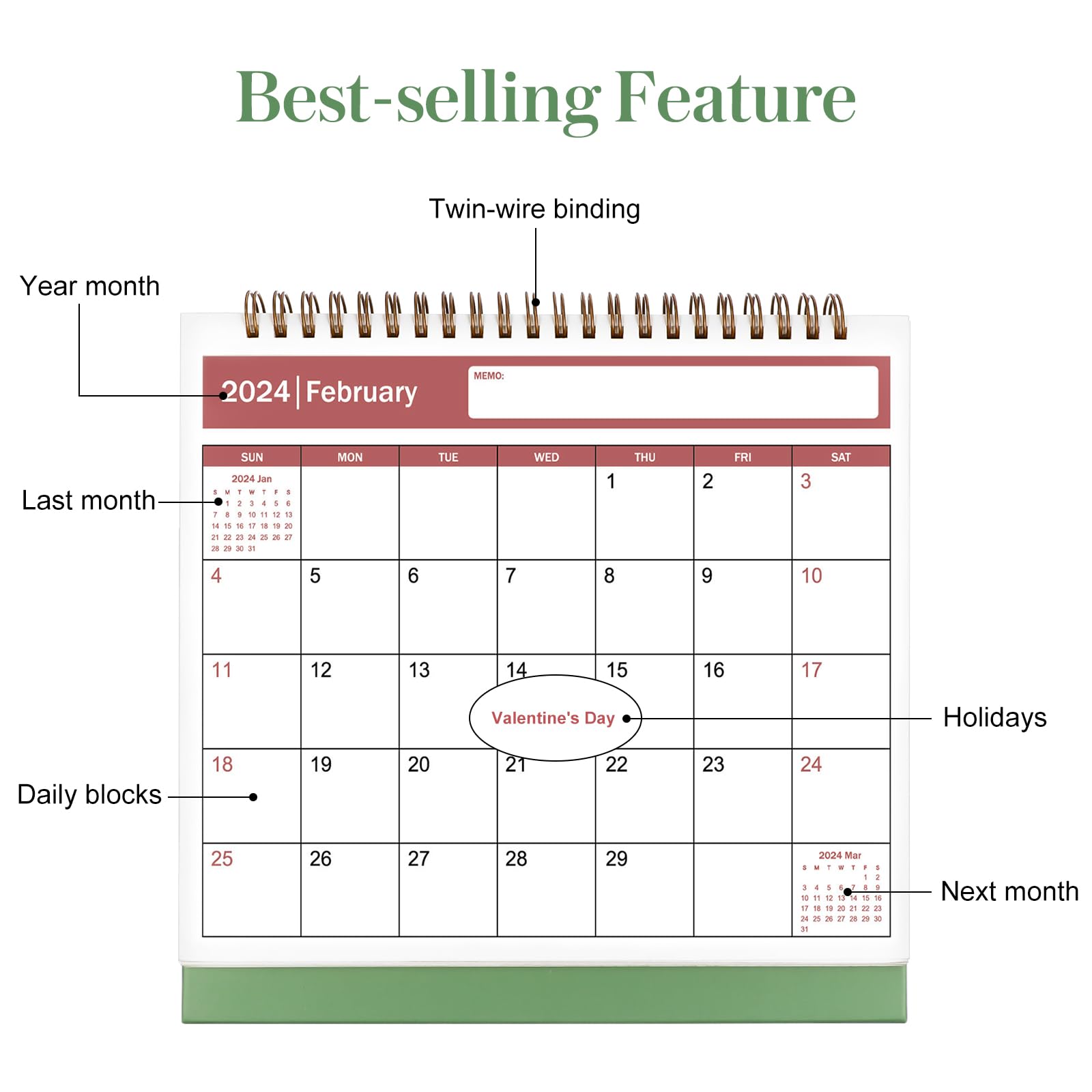 2024-2025 Desktop Flip Calendar - Monthly & Daily Planner for Home, Office, School | Green Standing Organizer for Productivity & New Year Decor