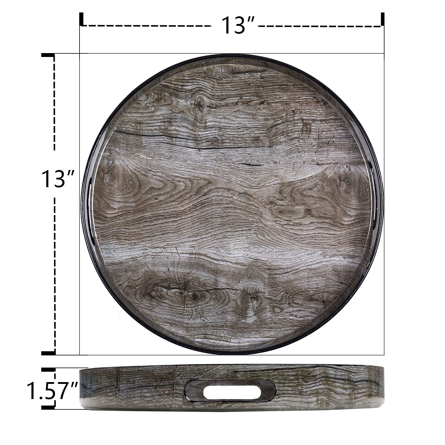 MAONAME 13 Inch Round Decorative Tray with Handles - Wood Grain Plastic Serving Tray for Coffee Table, Ottoman, Bathroom & Kitchen - Perfect for Entertaining, Organizing & Home Decor