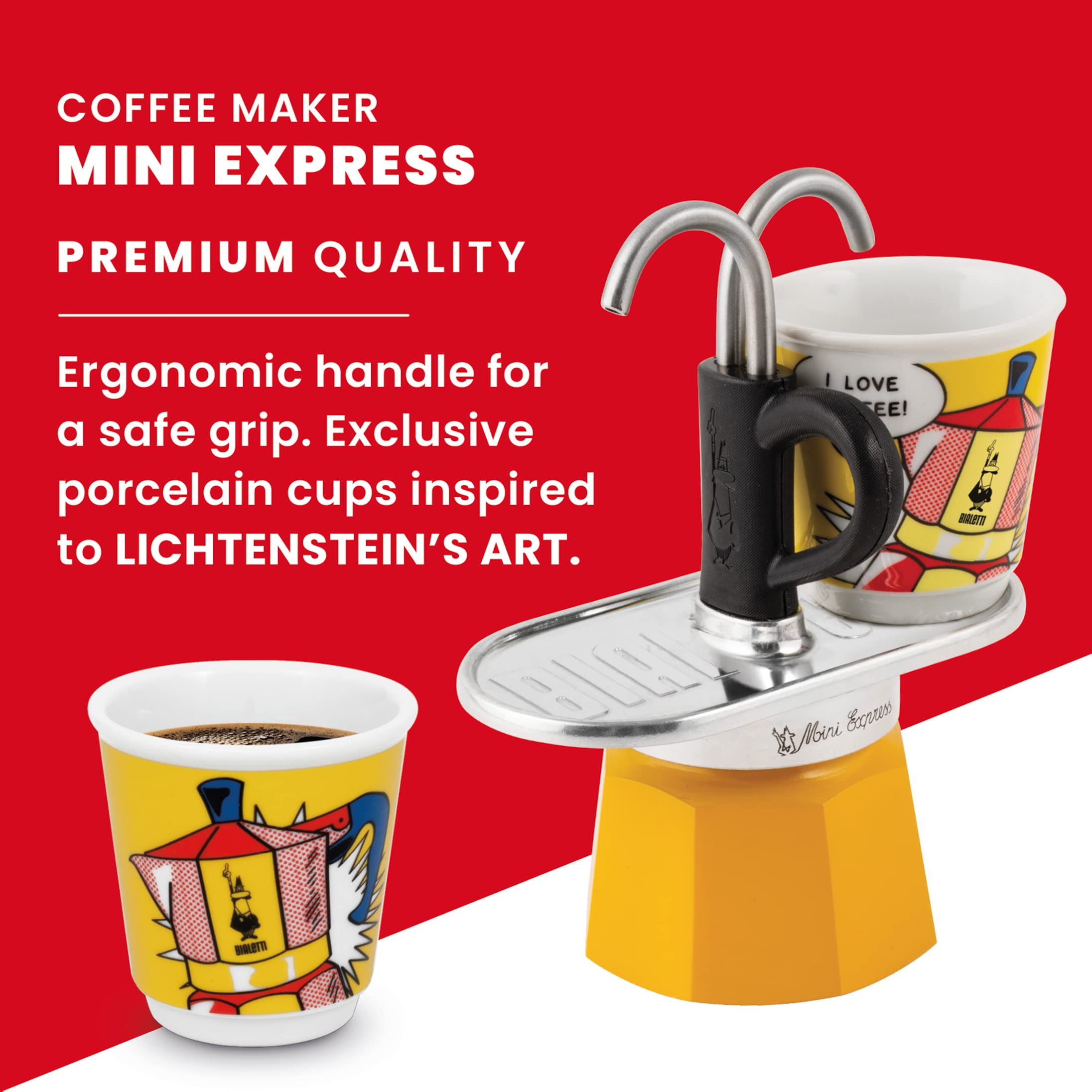 Bialetti Mini Express Moka Pot 2-Cup (2.8 Oz) Aluminum Stovetop Espresso Maker with 2 Shot Glasses - Yellow - Perfect for Home, Office & Camping Coffee Brewing