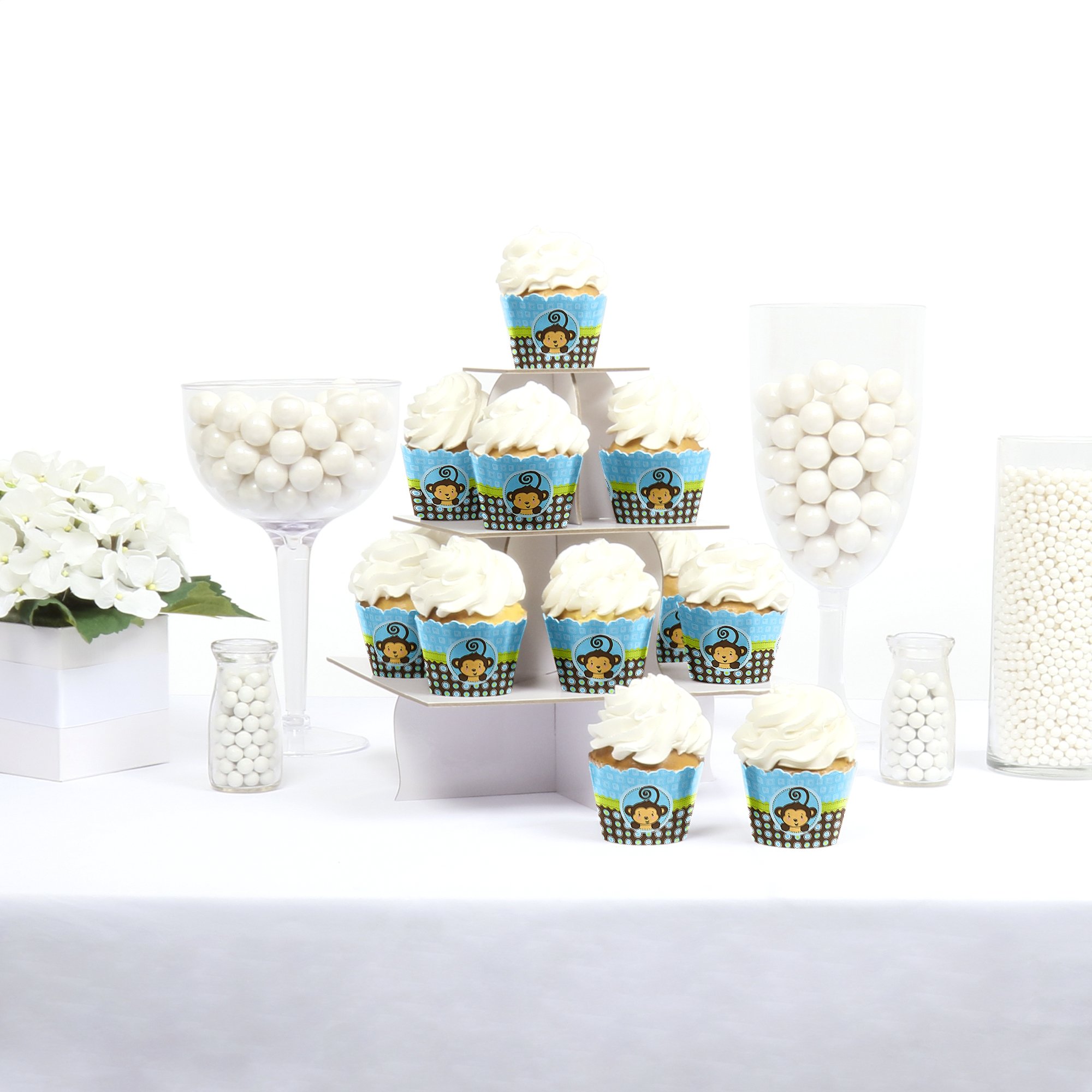 Big Dot of Happiness - Blue Monkey Boy Baby Shower Decorations - 12-Pack Cupcake Wrappers for Birthday Parties & Nursery Theme - Perfect for Jungle Themed Celebrations & Gender Reveals