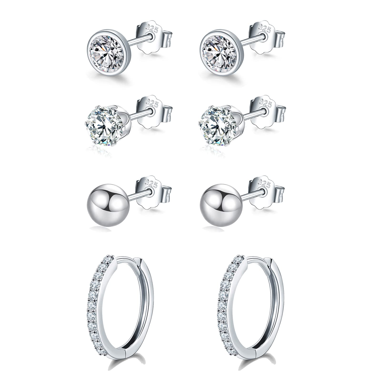 Sterling Silver Stud Earrings for Women - 3mm Cubic Zirconia Cartilage Hoops & 12mm Sleeper Hoop Set | Hypoallergenic Minimalist Jewelry for Everyday Wear, Gift Giving and Special Occasions