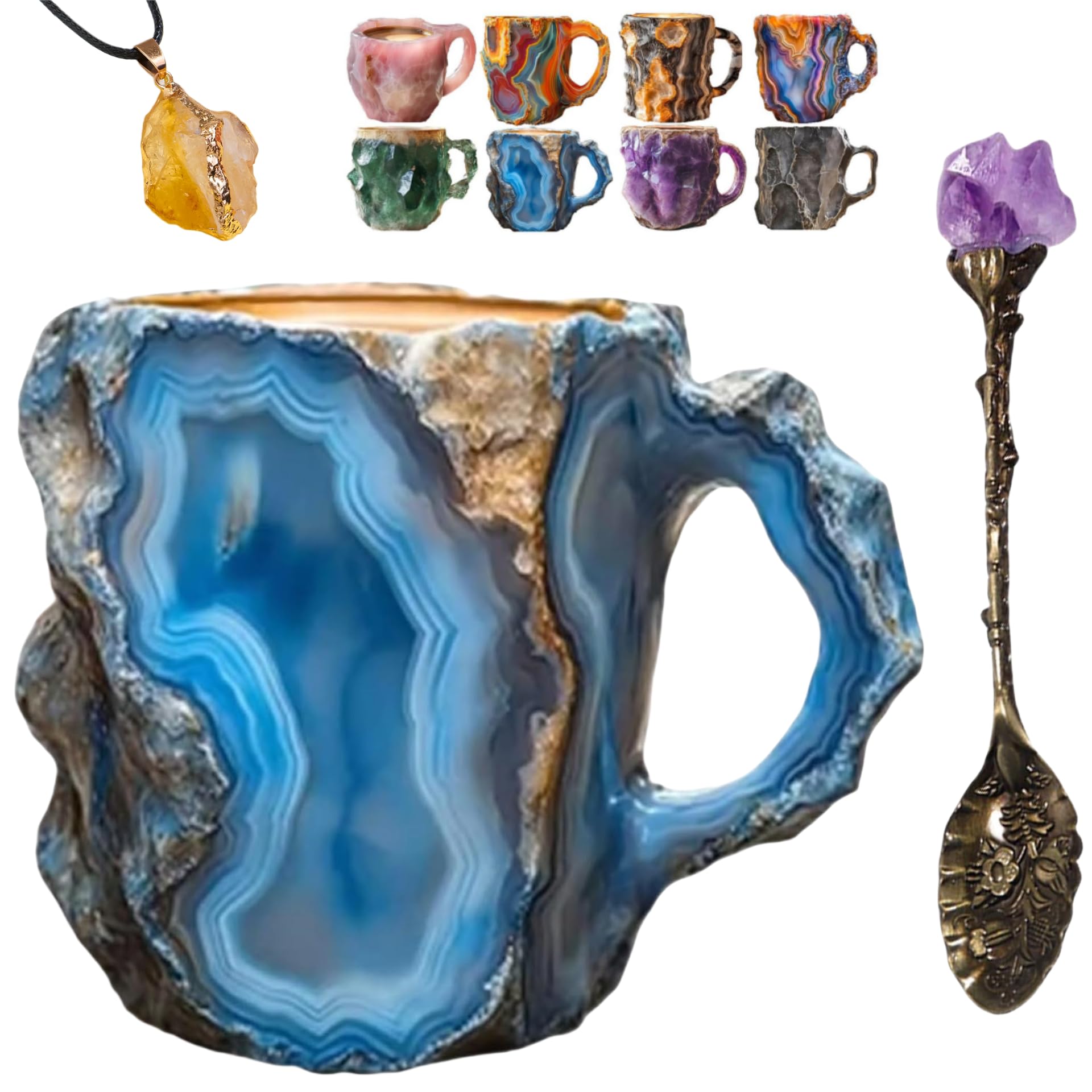 Resin Coffee Mug with Crystal Spoon & Pendant - Home & Office Use (Blue)