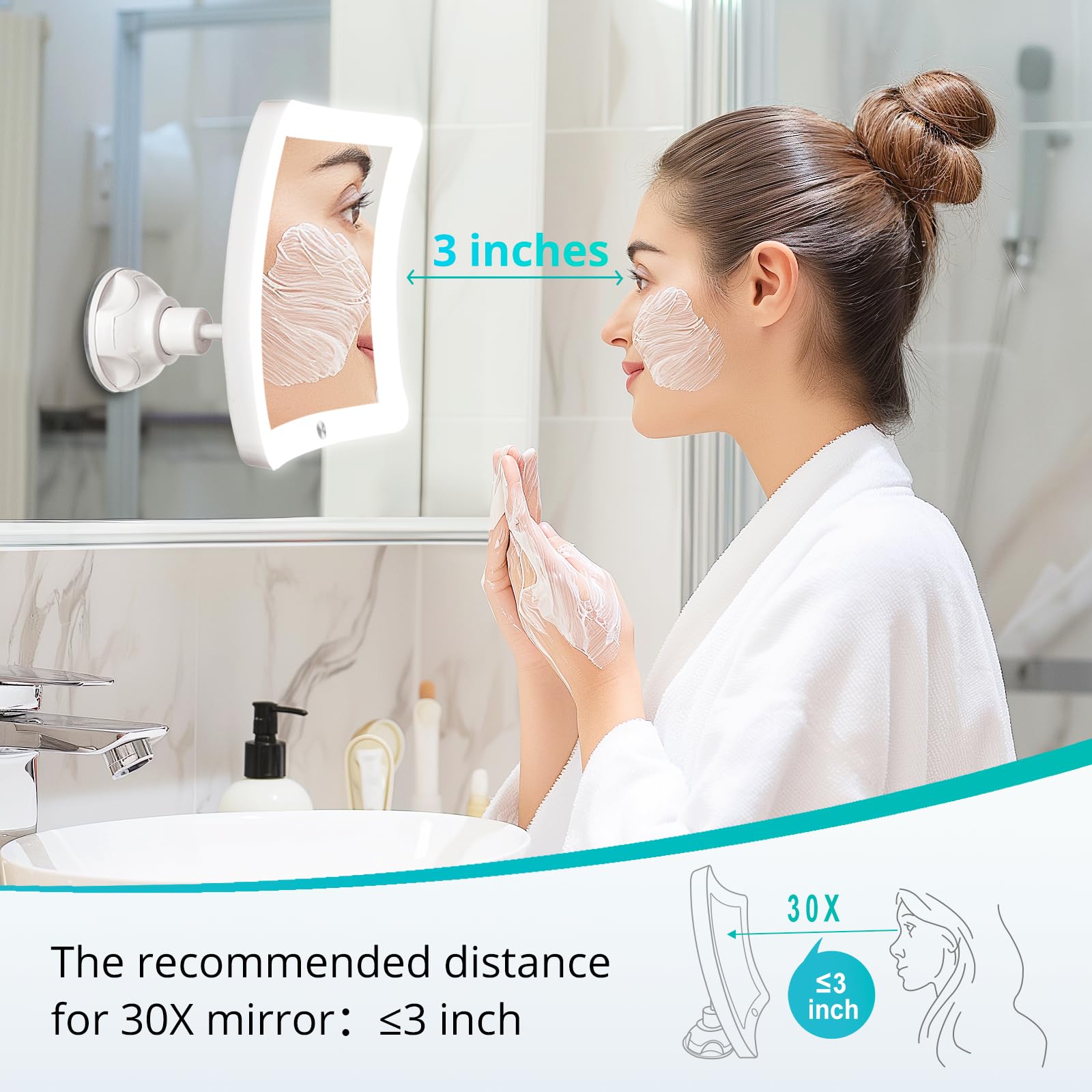 Rechargeable LED Makeup Mirror with 30X Magnification - Portable Lighted Vanity Mirror with Suction Cup for Bathroom, Travel & Professional Makeup Application | Perfect for Home, Salon & On-the-Go Beauty Routine
