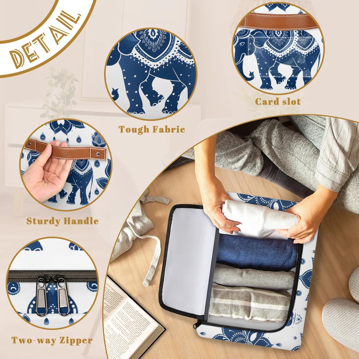 Vintage Elephant Pattern Storage Bins with Zipper Lid - 2 Pack Stackable Closet Organizer Baskets with Metal Frame & PU Handles | Perfect for Clothes, Toys, and Home Organization