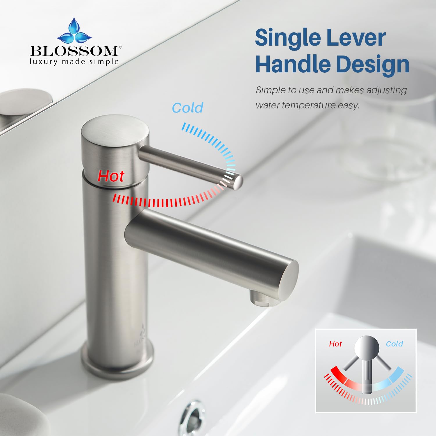 Blossom Brass Single Handle Bathroom Sink Faucet - Modern Round Vanity Basin Fixture with Water Hose | Easy Install Single Hole Lavatory Faucet | F01 116 02 (Brushed Nickel) | Perfect for Home, Hotel & Commercial Bathroom Renovation