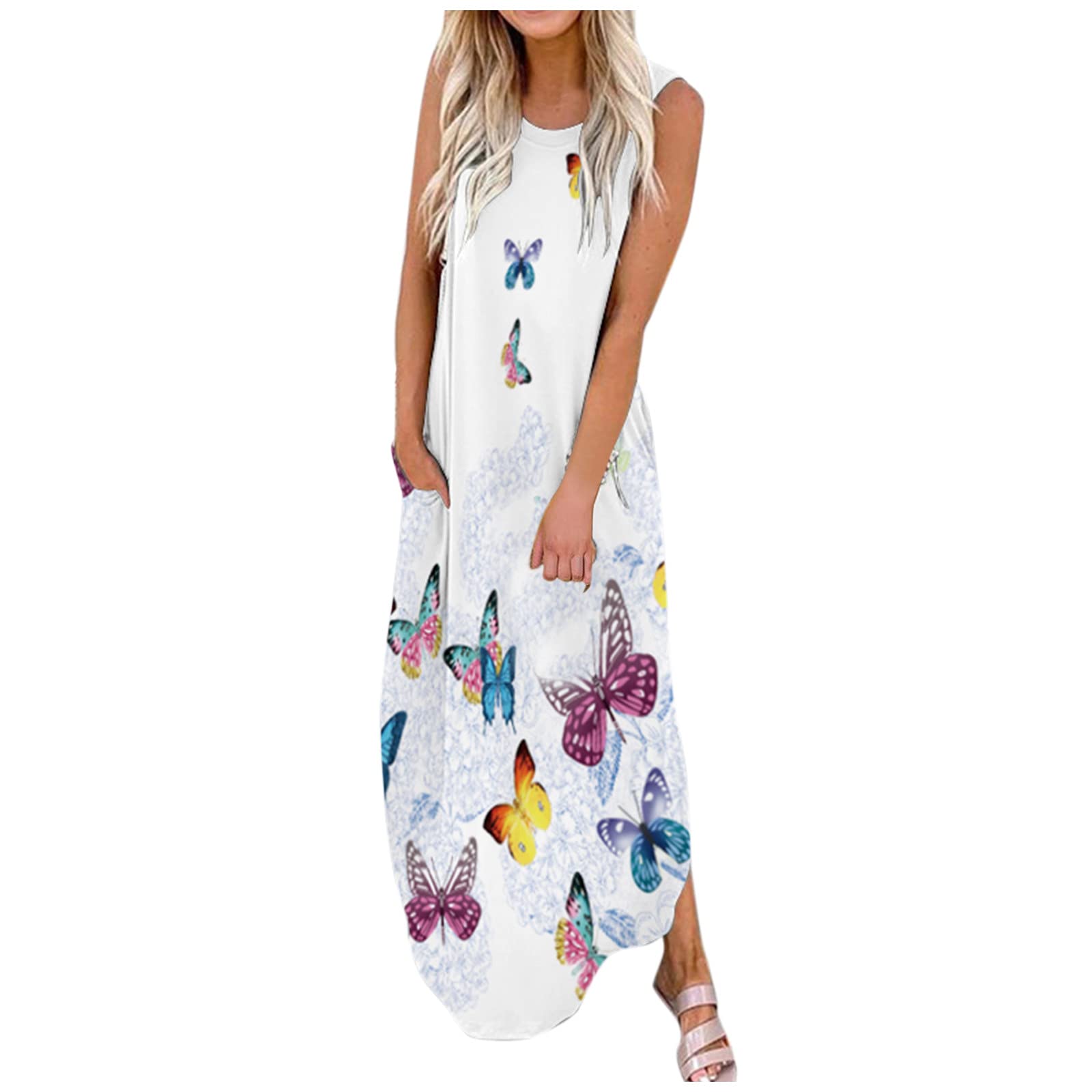 Women's Floral Print Sleeveless Maxi Dress with Pockets - Casual Beach Cover Up, Summer Loose Fit Long Dress for Vacation, Pool Party & Outdoor Activities