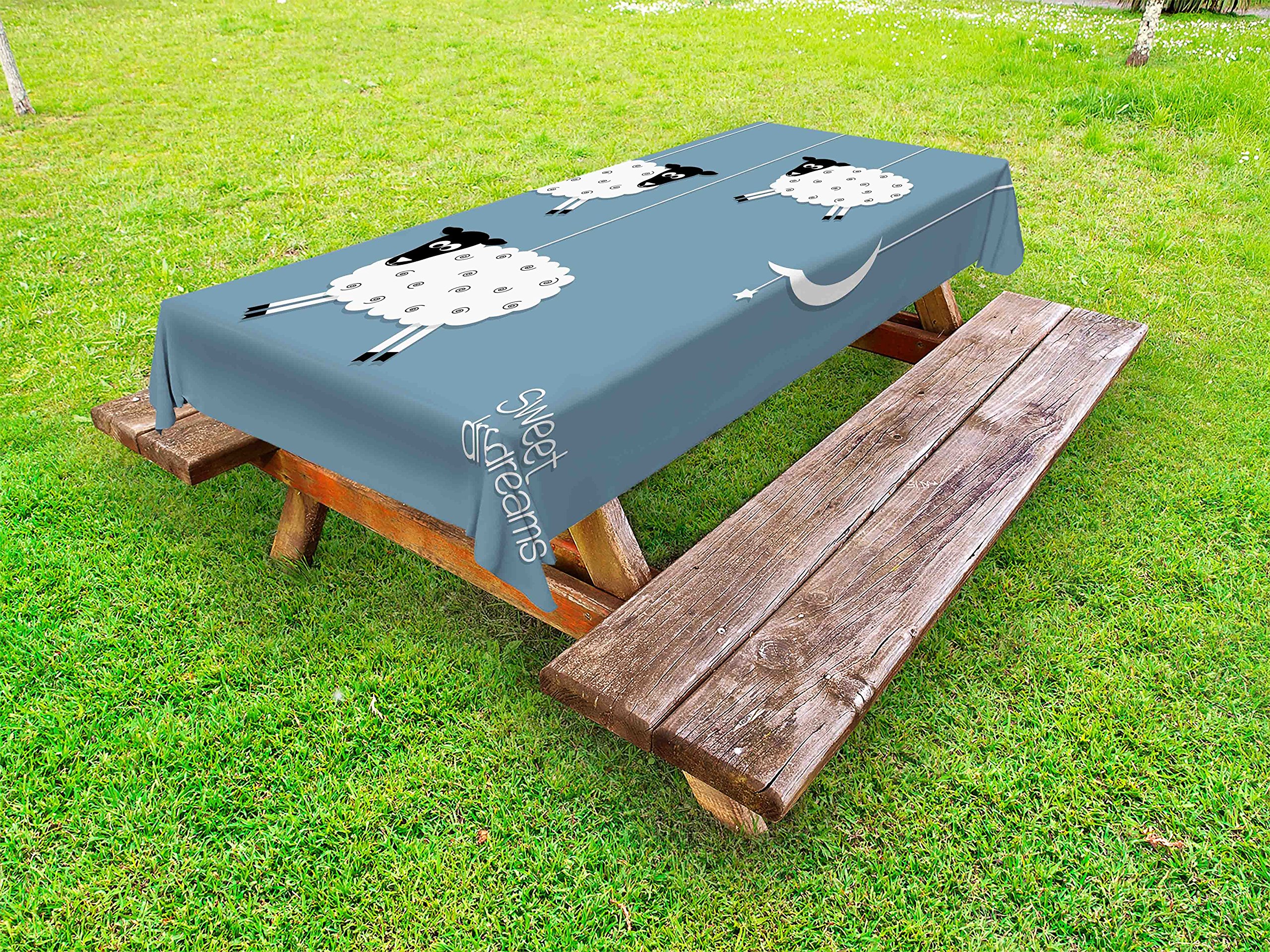 Ambesonne Outdoor Tablecloth with Sheep, Star and Crescent Moon Design - Washable Picnic Table Cover 58x84 Inches in Slate Blue, Black & White - Perfect for Picnics, BBQs, and Outdoor Dining Decor