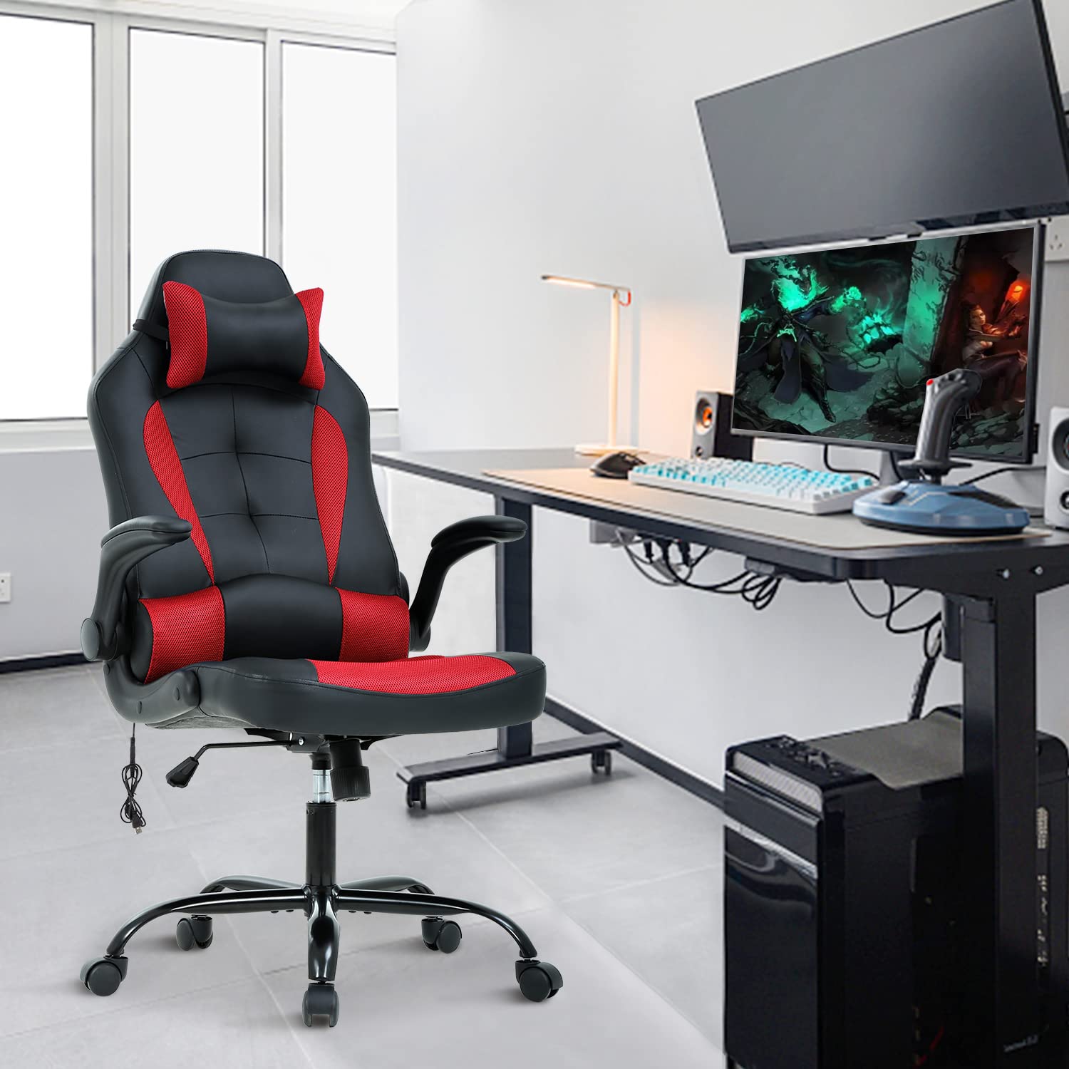 Ergonomic Gaming Chair with Headrest & Flip-Up Arms - High Back PU Leather Racing Office Chair with Lumbar Support & Massage for Adults & Teens - Perfect for PC Gaming, Work & Home Office (Red)