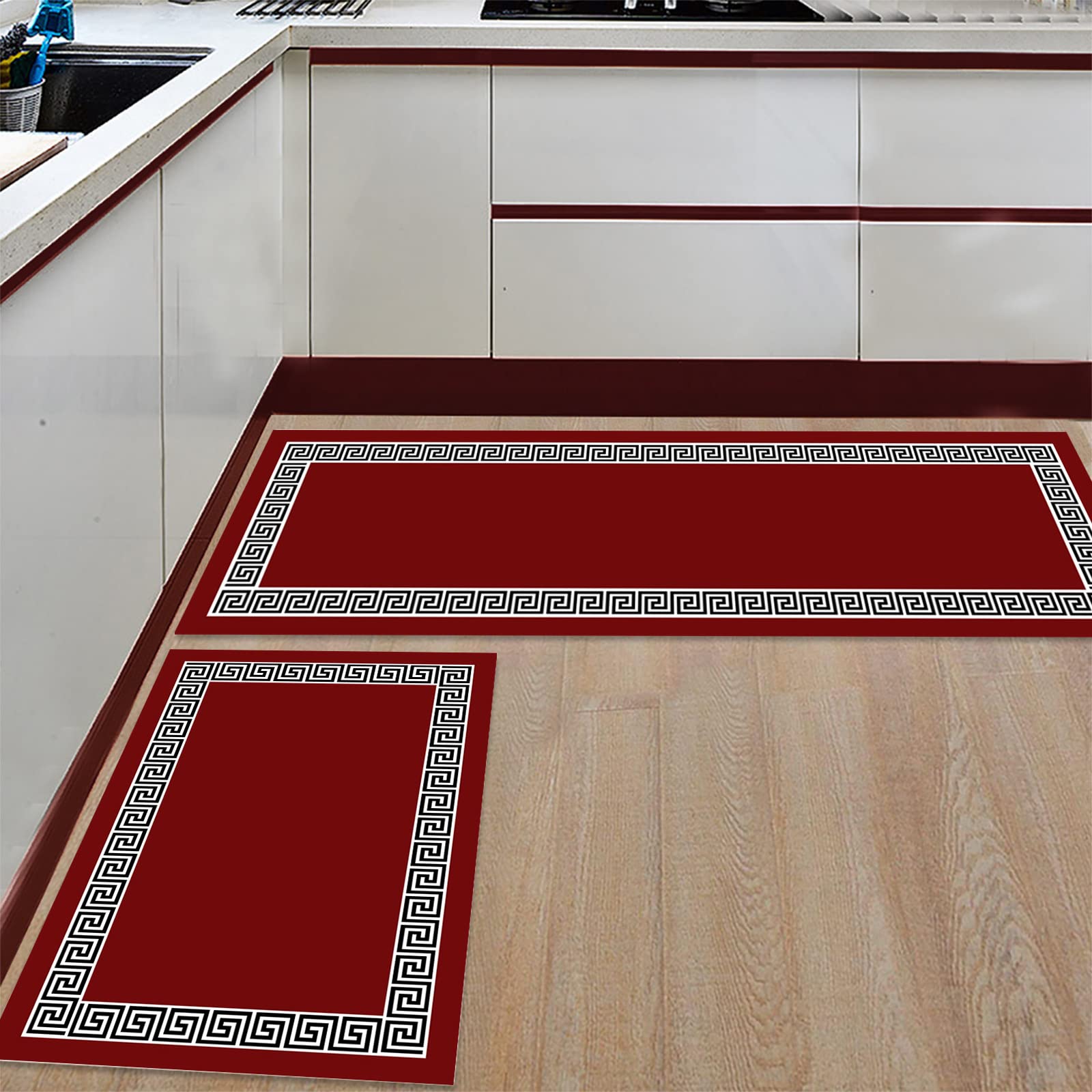 Washable Non-Slip Kitchen Rugs Set of 2 - Red Cushioned Floor Mat with Geometric Floral Pattern for Sink, Laundry & Bathroom (20