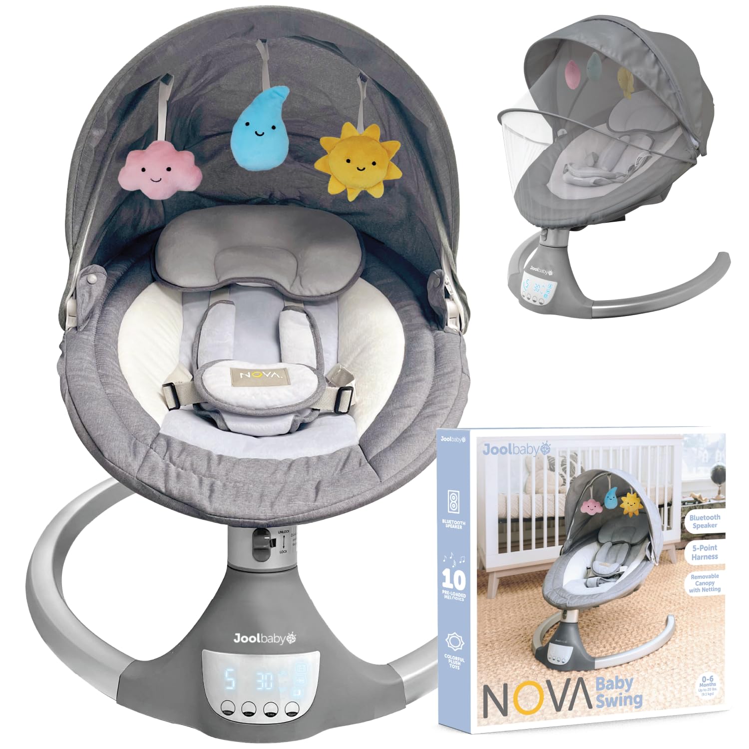 Jool Baby Nova Electric Baby Swing for Newborns & Infants - Bluetooth Enabled Motorized Infant Swing with 10 Soothing Melodies, Remote Control (2024 Model) - Perfect for Nursery, Daycare & Soothing Fussy Babies