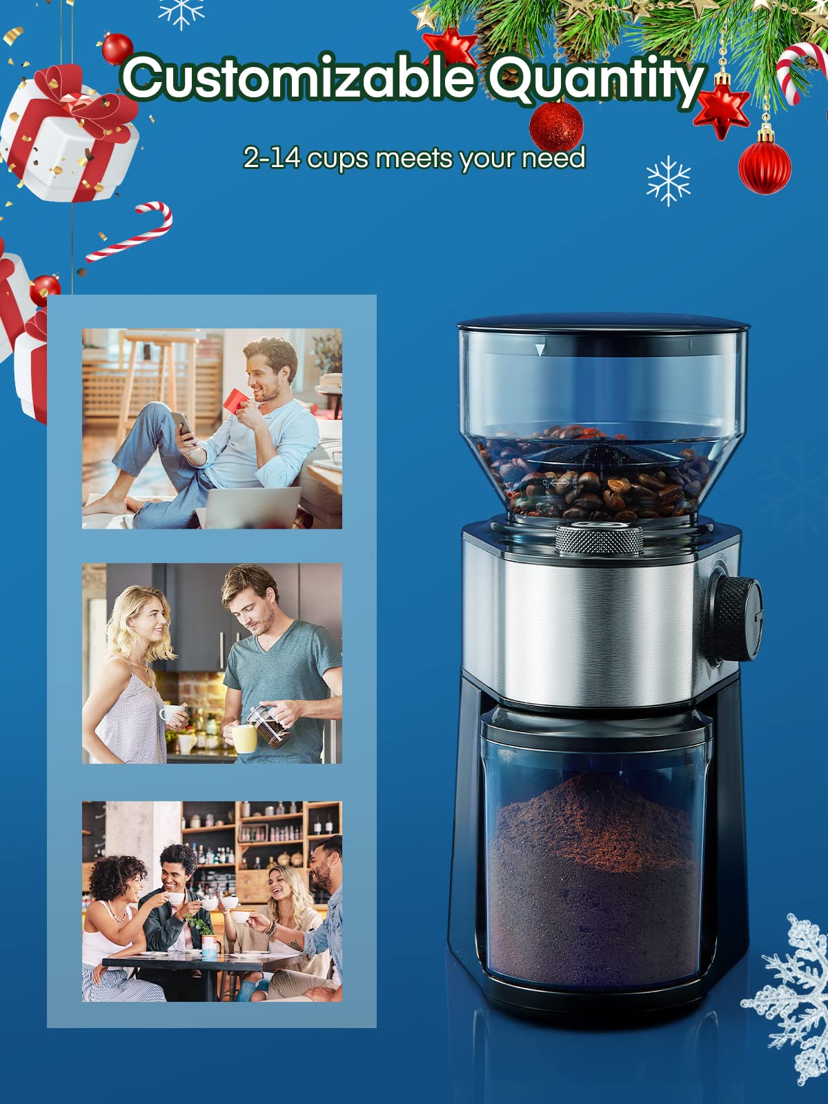 Premium Electric Burr Coffee Grinder - 18 Precise Grind Settings for Drip, French Press, Espresso & Turkish Coffee - 2-14 Cup Capacity - Ideal for Home, Office & Coffee Shops - Black