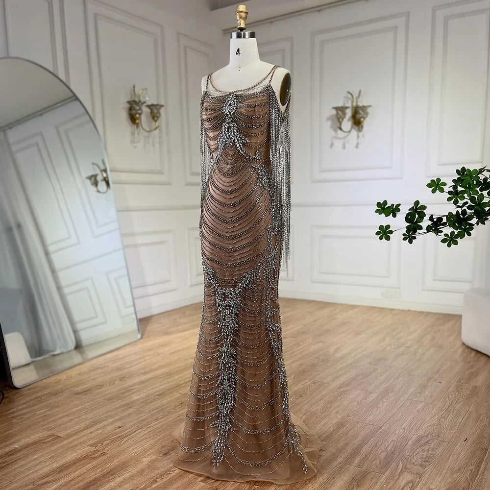 Luxury Crystal Tassel Evening Dress for Women - Dubai Caramel Wedding Prom Gown with Spaghetti Straps | Formal Party Dress LA72468 | Perfect for Weddings, Galas & Special Occasions