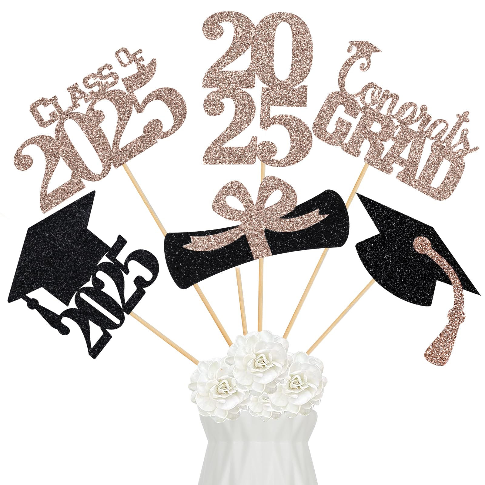 24Pcs 2025 Graduation Centerpieces Sticks - Rose Gold Graduation Party Decorations for Tables, 2025 Grad Table Centerpieces - Perfect for Graduation Ceremonies, Banquets & School Celebrations