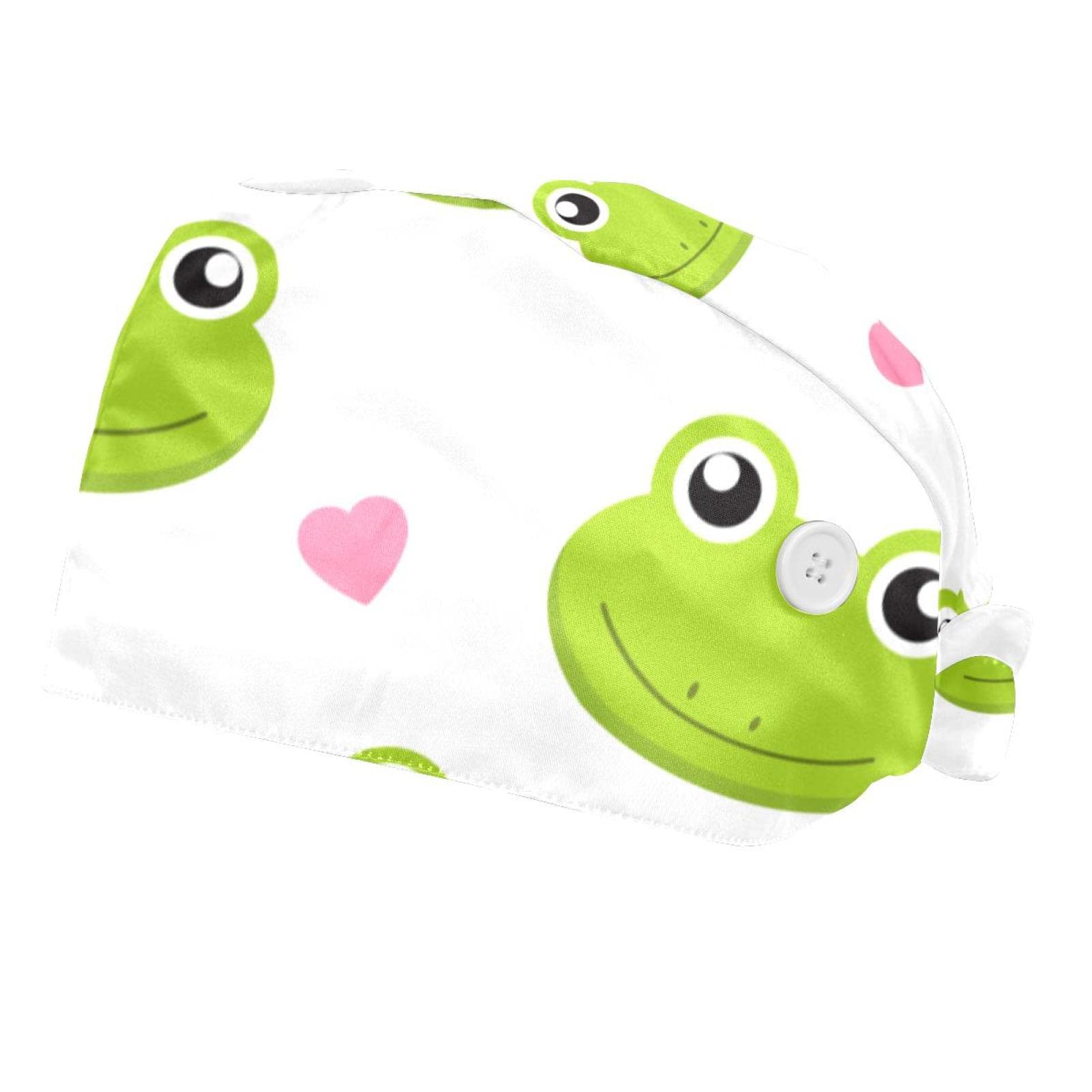 2 Packs Adjustable Frogs Hearts Scrub Caps for Women & Men - Unisex Tie Back Surgical Hats with Button Sweatband - Breathable Bouffant Nurse Hats for Hospital, Operating Room & Medical Professionals