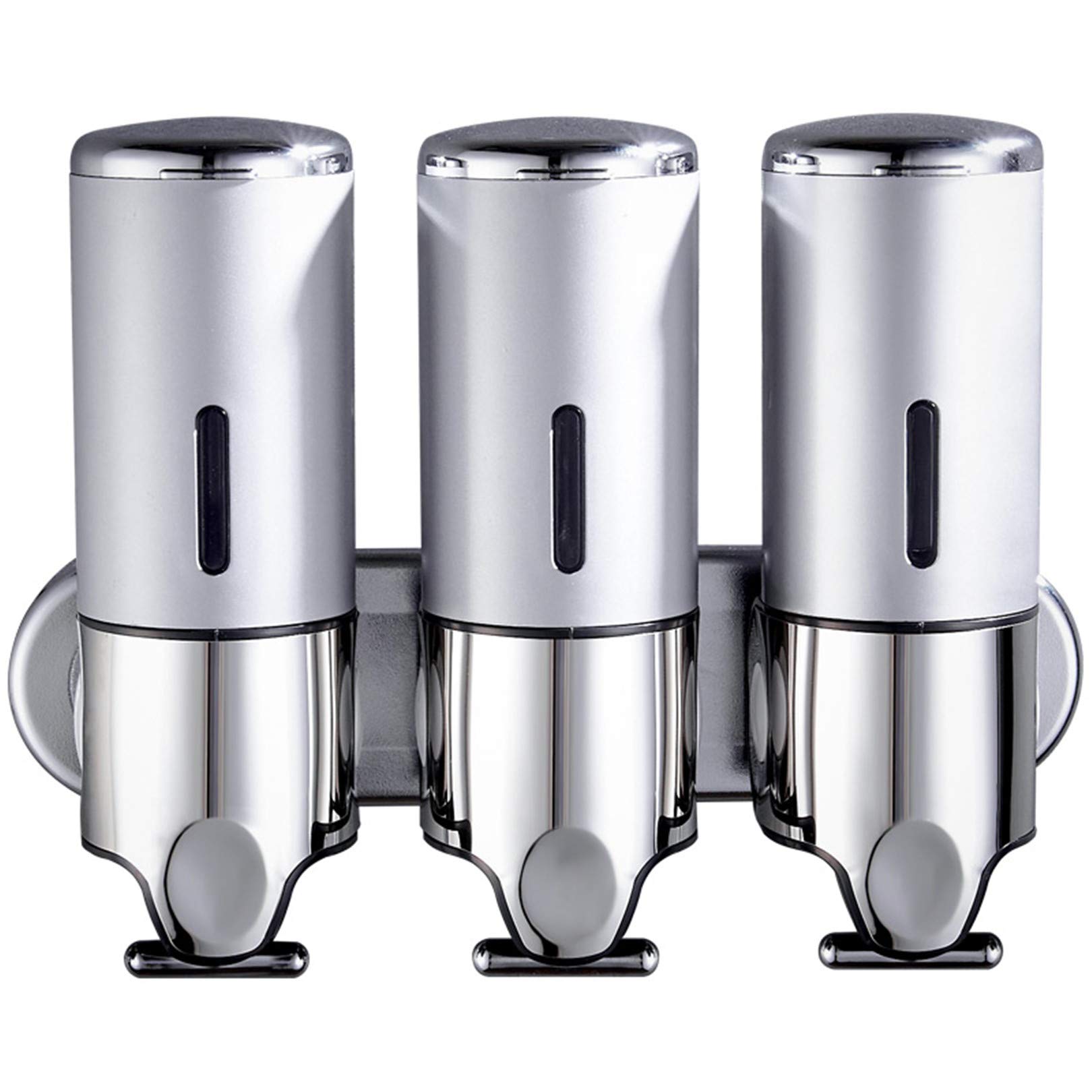 Hendalino Triple Manual Shower Dispensers Wall Mount - 3X 500ml Shampoo Body Wash Conditioner Soap Dispenser - Damage-Free T-Bar Metal Pump 3 Chamber for Bathroom Home Hotel (Silver) - Perfect for Spa, Gym, and Shared Bathroom Spaces