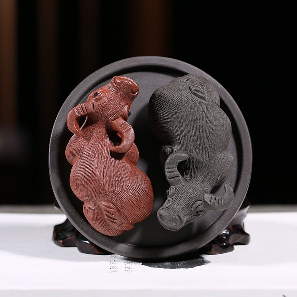 Yixing Clay Ba Gua Buffalo Tea Pet - Handmade Chinese Ceramic Tea Companion for Gongfu Tea Ceremony, Good Luck Symbol & Decoration for Tea Table