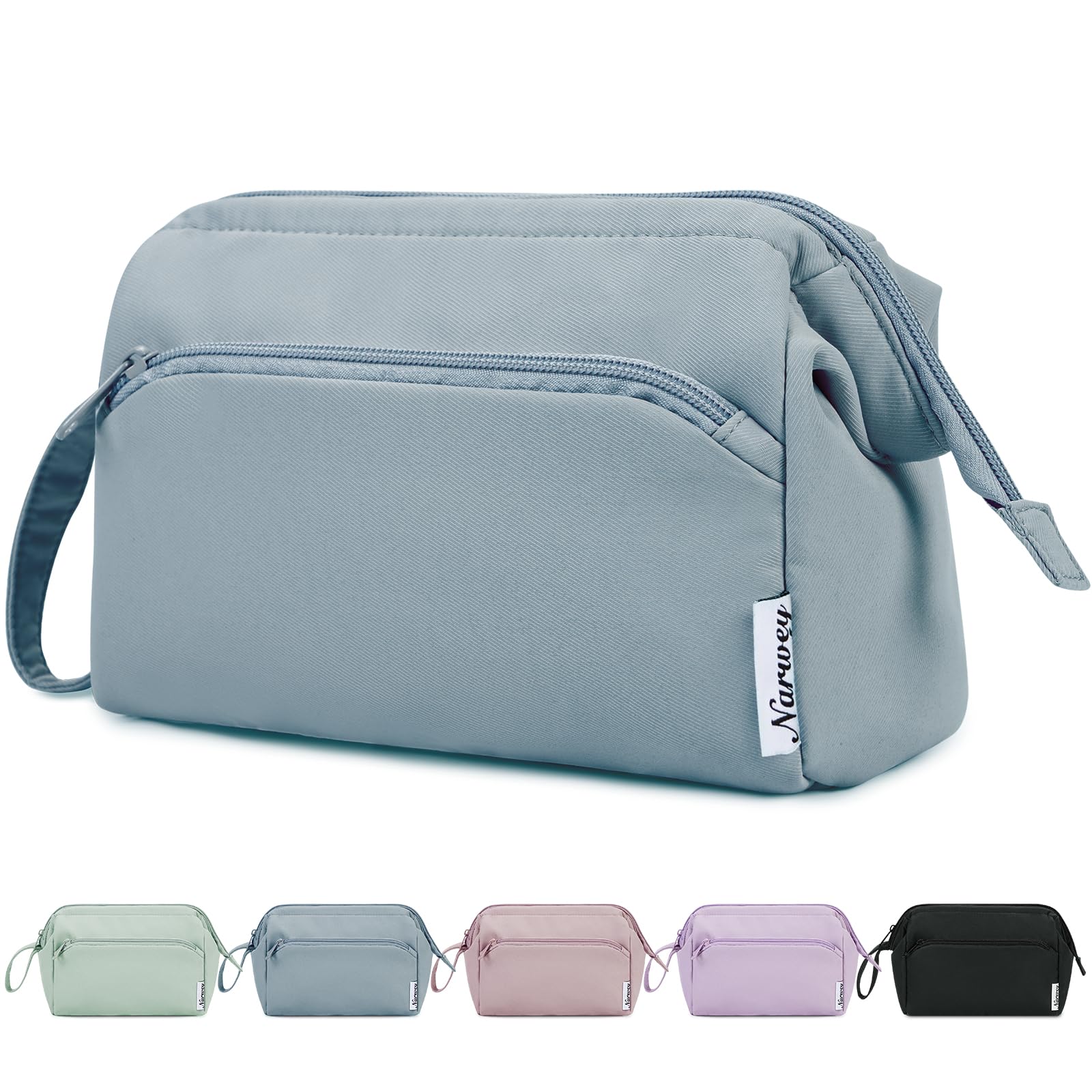 Narwey Large Open Makeup Bag for Women - Travel Cosmetic Organizer & Toiletry Pouch for Cosmetics, Brushes, Skincare Essentials (Grey Blue) - Perfect for Travel, Gym, Daily Use & Gift Giving